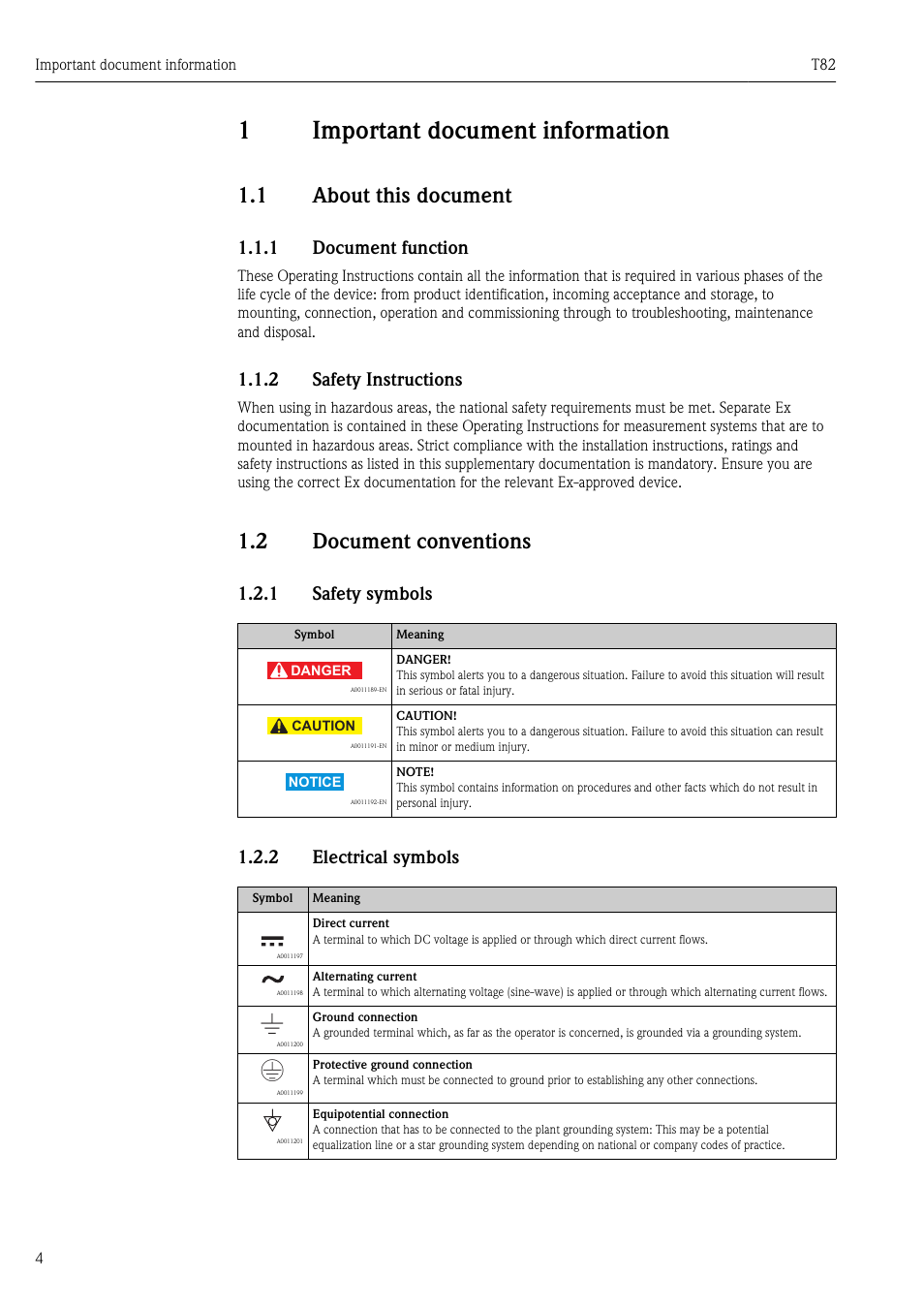 1 important document information, 1 about this document, 1 document function | 2 safety instructions, 2 document conventions, 1 safety symbols, 2 electrical symbols, Important document information, About this document, Document conventions | Pyromation T82 User Manual | Page 4 / 88