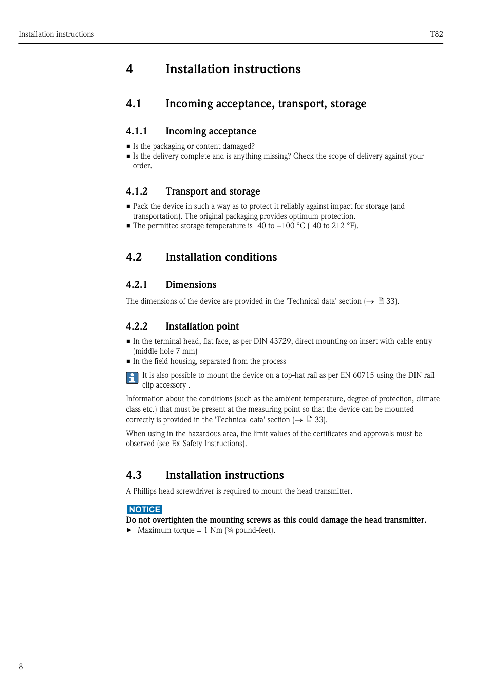 4 installation instructions, 1 incoming acceptance, transport, storage, 1 incoming acceptance | 2 transport and storage, 2 installation conditions, 1 dimensions, 2 installation point, 3 installation instructions, Ä 8), Installation instructions | Pyromation T82 User Manual | Page 8 / 88