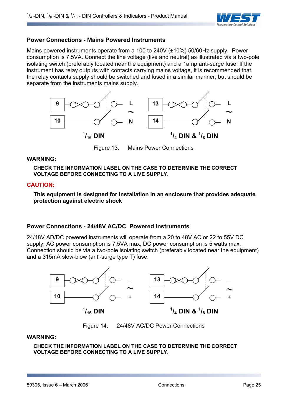 Power connections - mains powered instruments | Pyromation Series 610 1_16 DIN User Manual | Page 30 / 177