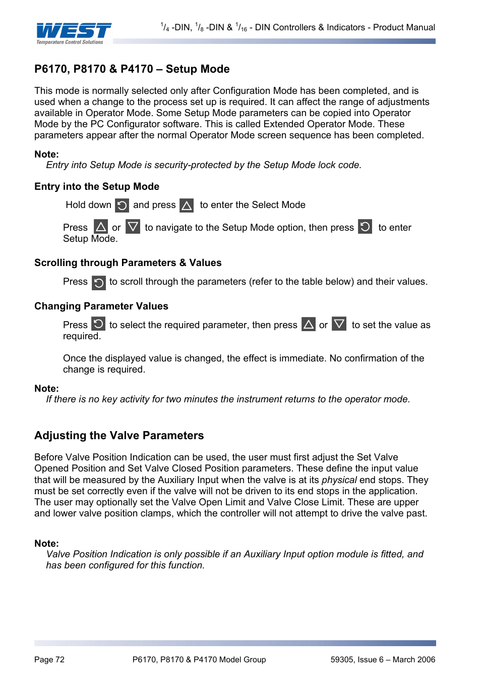 P6170, p8170 & p4170 – setup mode, Entry into the setup mode, Scrolling through parameters & values | Changing parameter values, Adjusting the valve parameters | Pyromation Series 610 1_16 DIN User Manual | Page 77 / 177