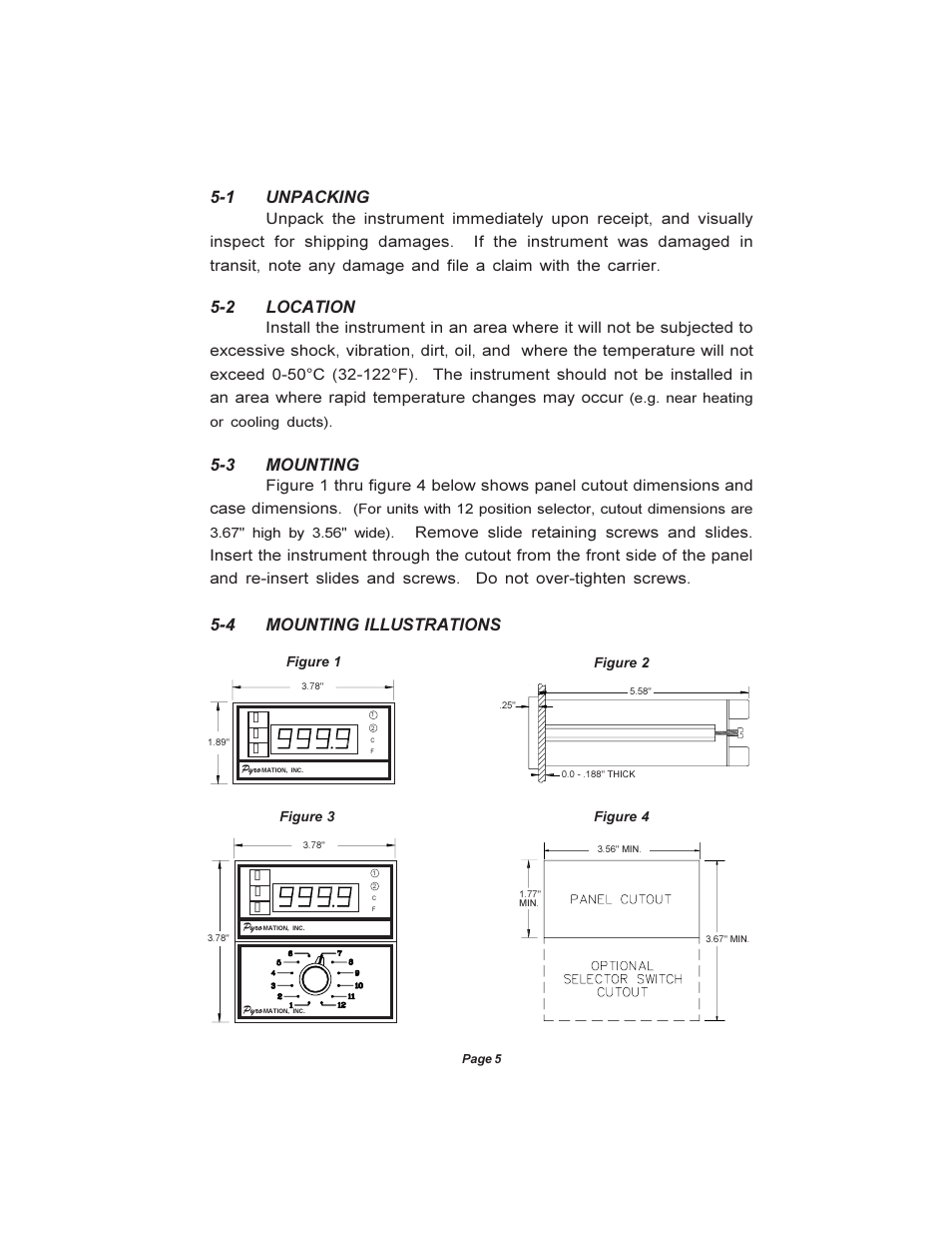 1 unpacking, 4 mounting illustrations, 3 mounting 5-2 location | Pyromation Series 423 User Manual | Page 6 / 18