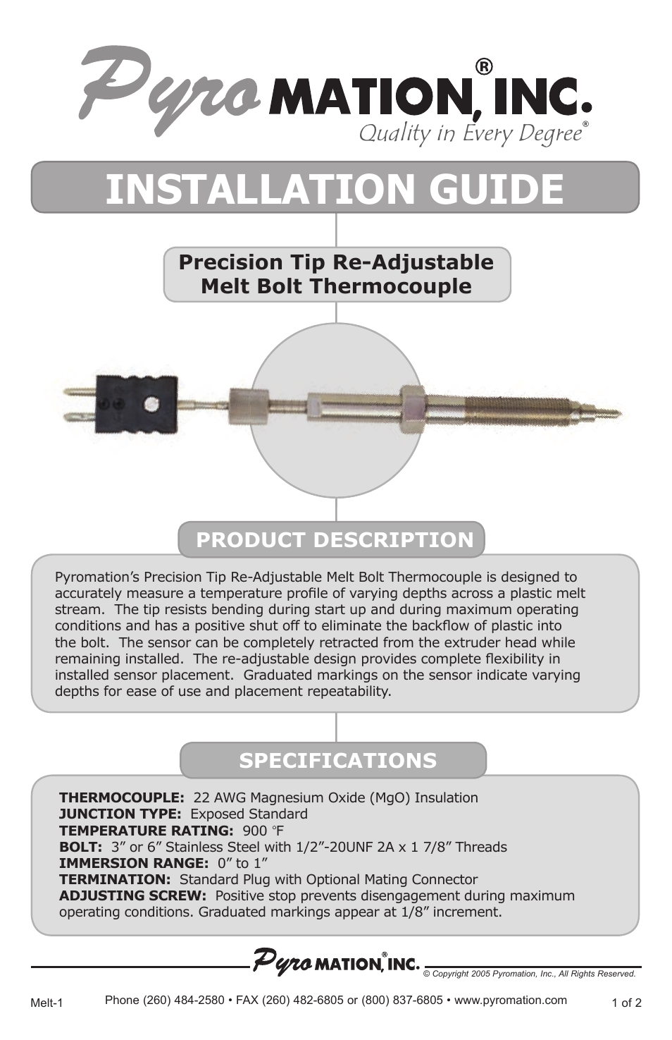 Pyromation Precision Tip Re-Adjustable Melt Bolt Thermocouple User Manual | 2 pages