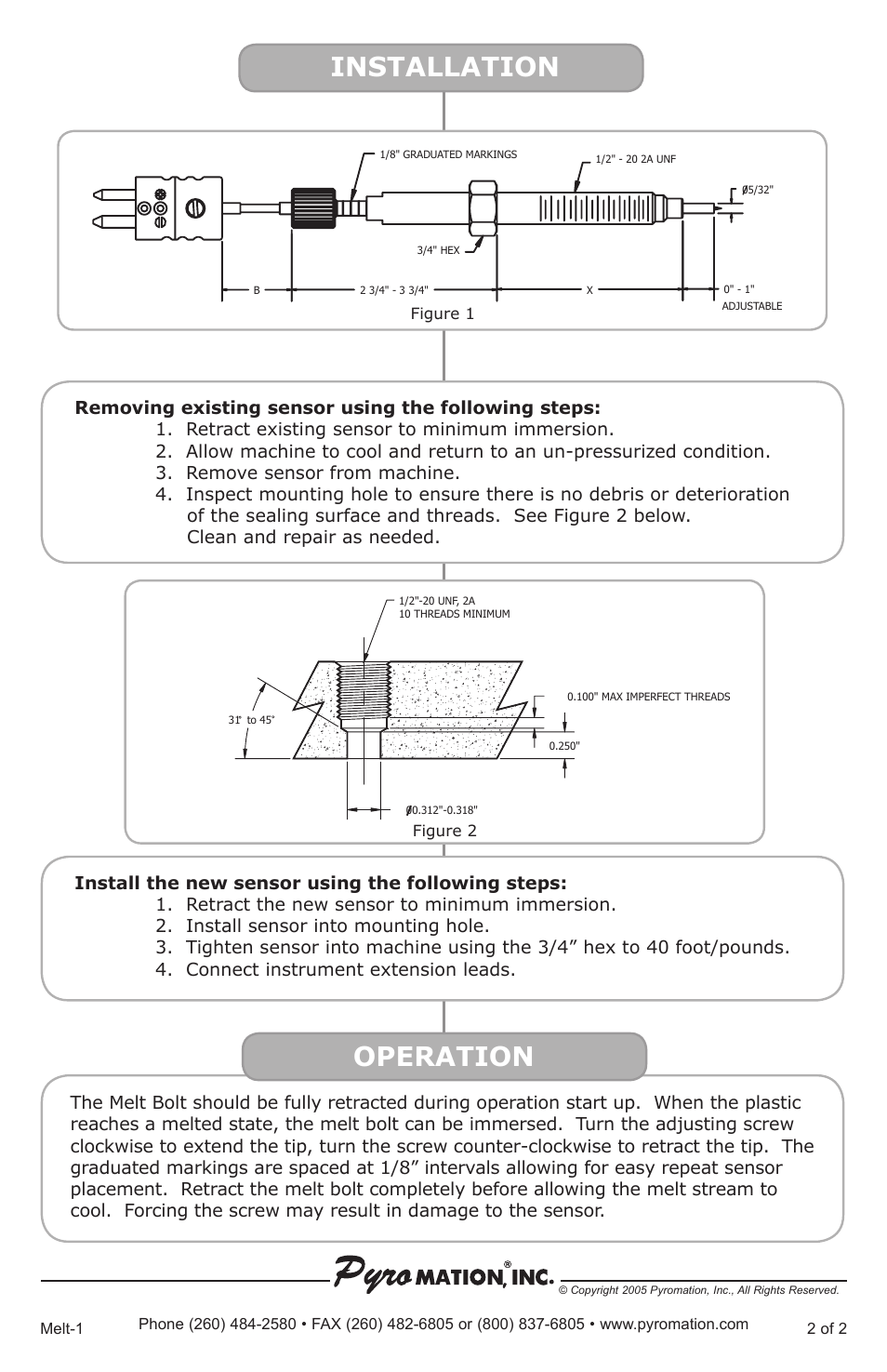 Installation, Operation | Pyromation Precision Tip Re-Adjustable Melt Bolt Thermocouple User Manual | Page 2 / 2