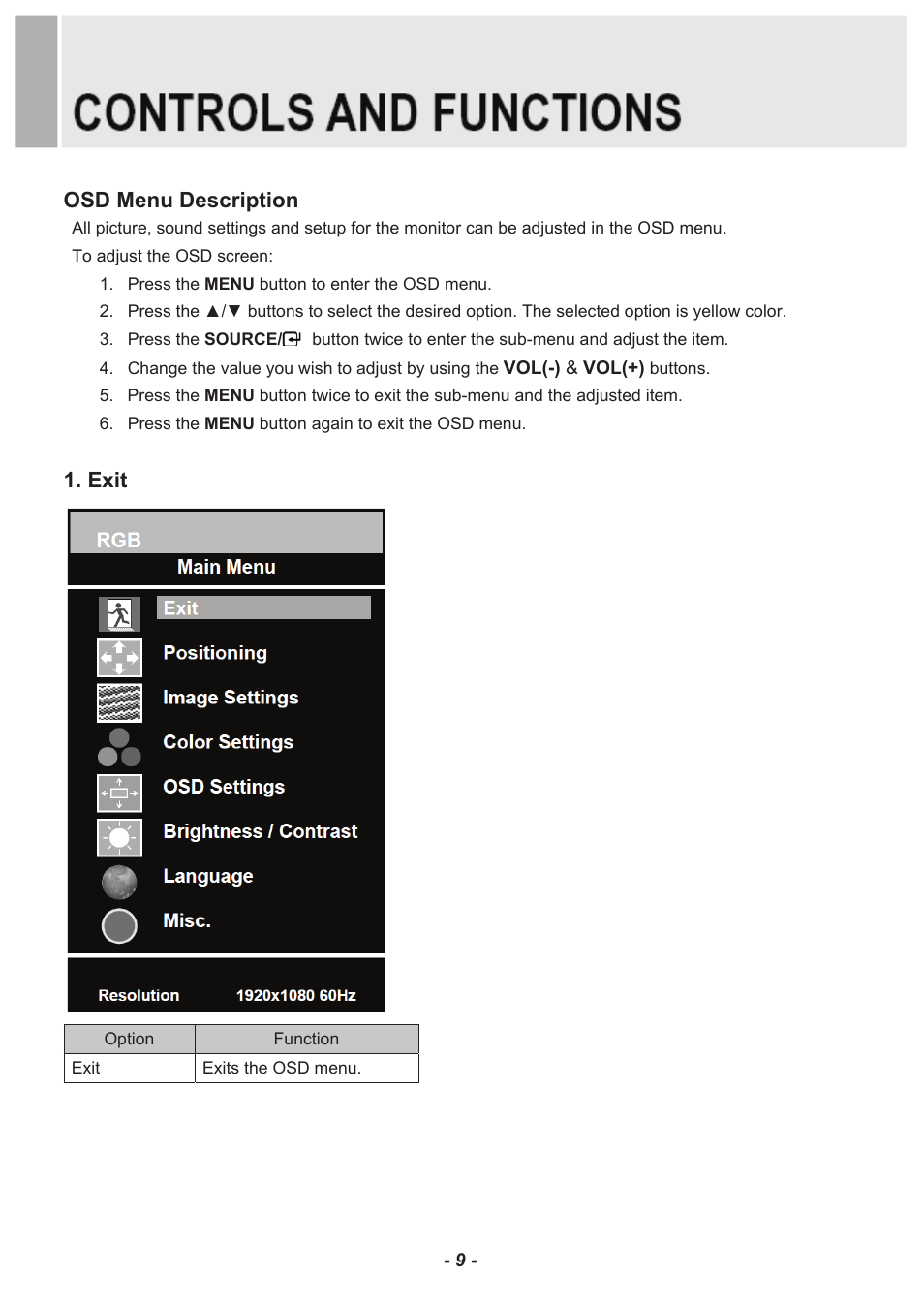 Osd menu description, Exit | Revo RM23-OR1 User Manual | Page 12 / 72