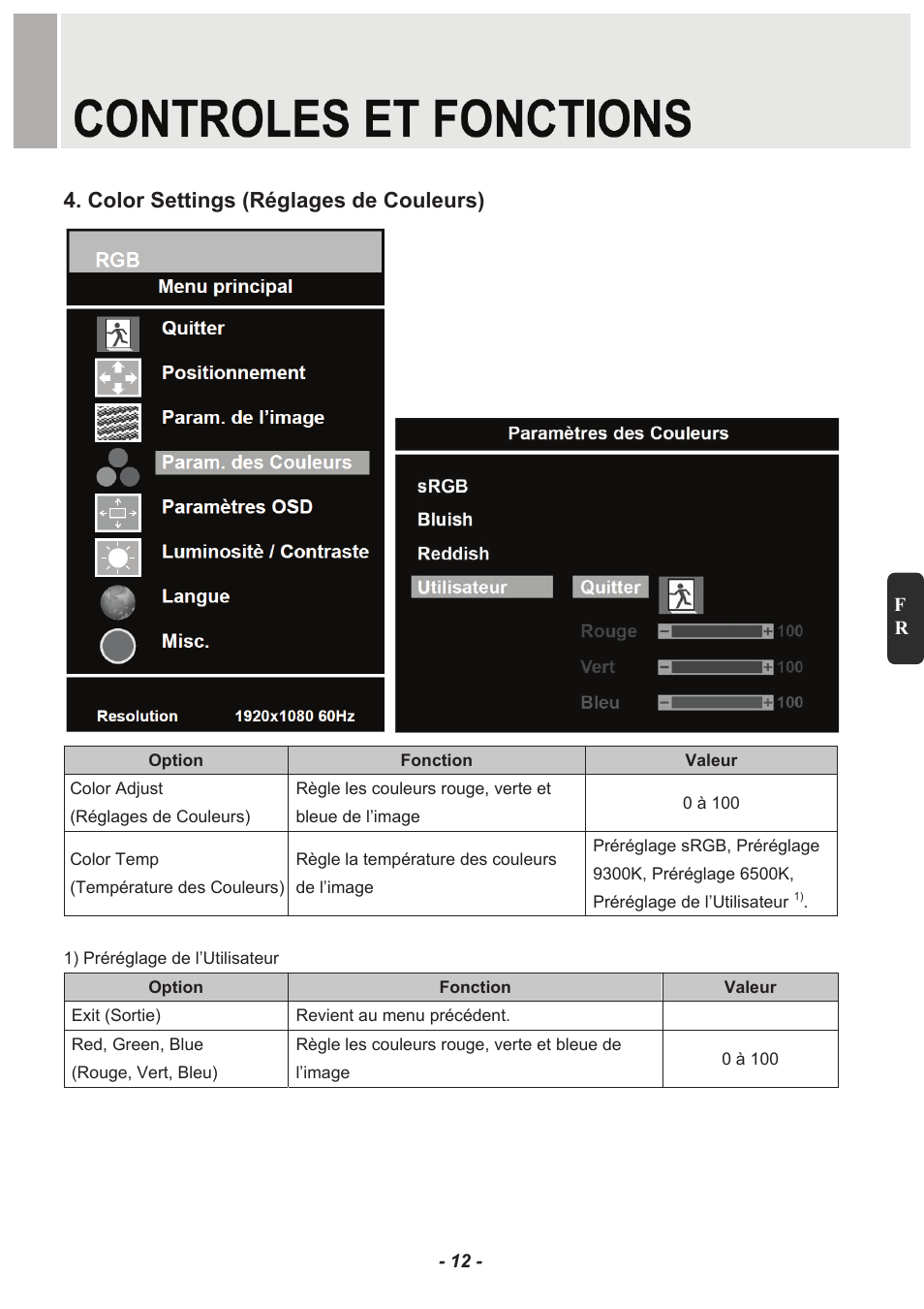 Color settings (réglages de couleurs) | Revo RM23-OR1 User Manual | Page 37 / 72