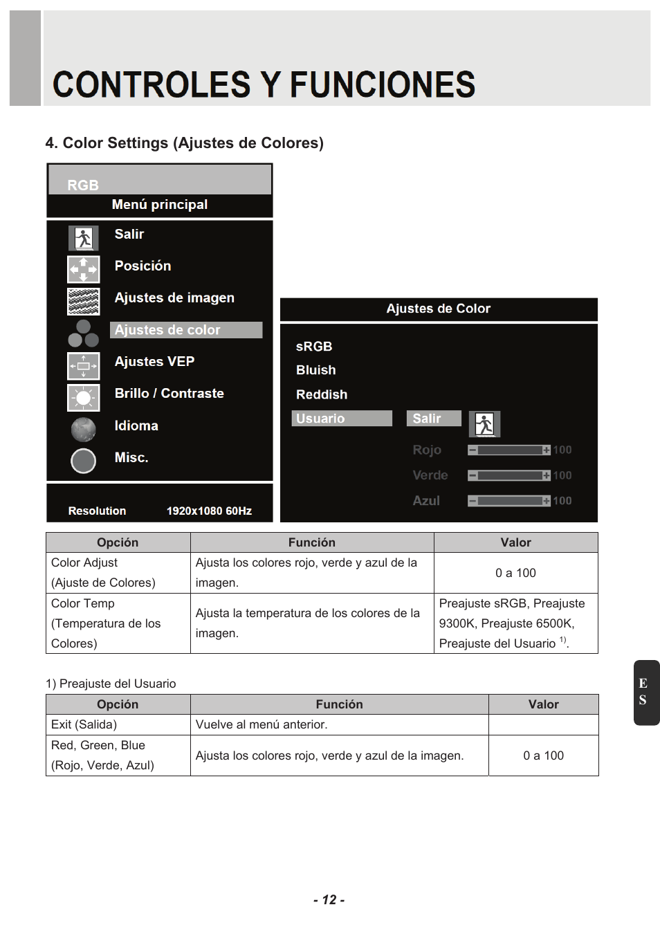 Color settings (ajustes de colores) | Revo RM23-OR1 User Manual | Page 59 / 72