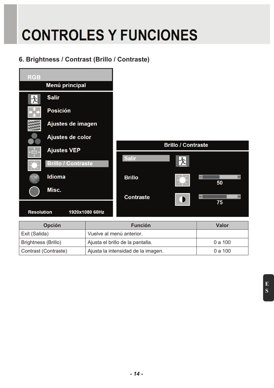 Brightness / contrast (brillo / contraste) | Revo RM23-OR1 User Manual | Page 61 / 72