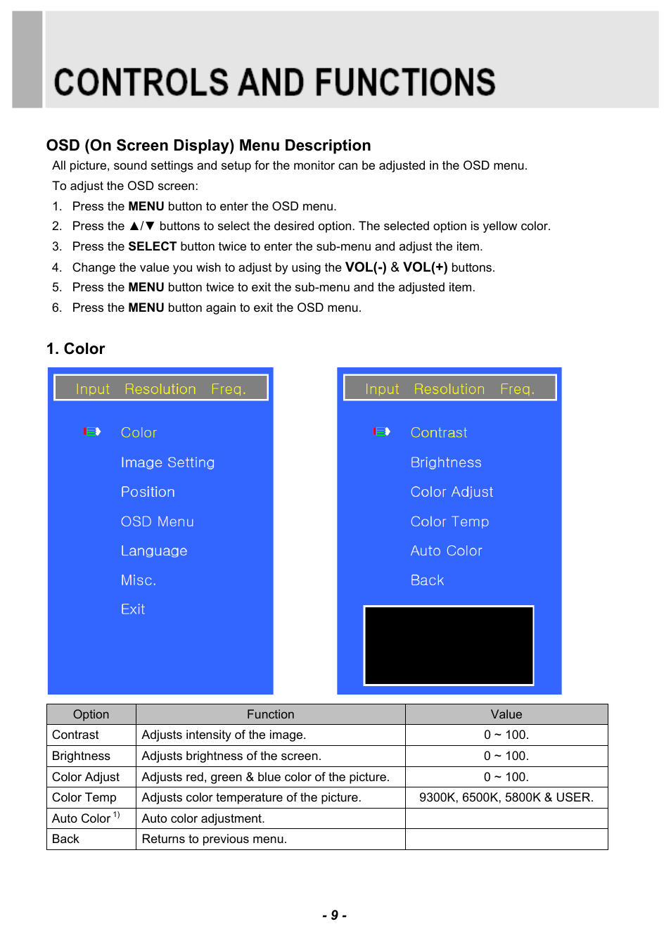 Osd (on screen display) menu description, Color | Revo RM185-OR1 User Manual | Page 11 / 28