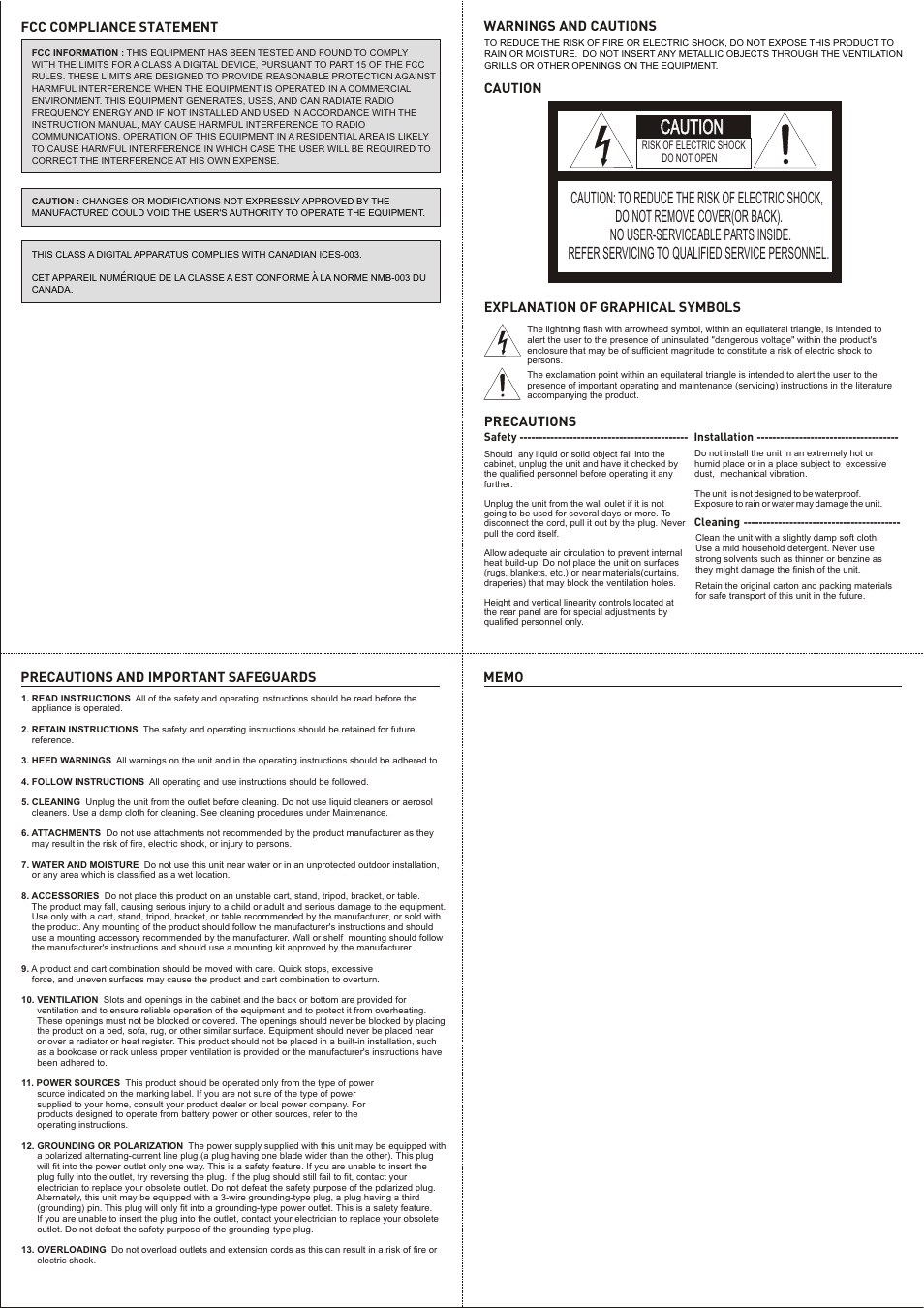 Caution, Warnings and cautions caution, Explanation of graphical symbols | Precautions, Precautions and important safeguards | Revo R4CH12VAMP User Manual | Page 2 / 10