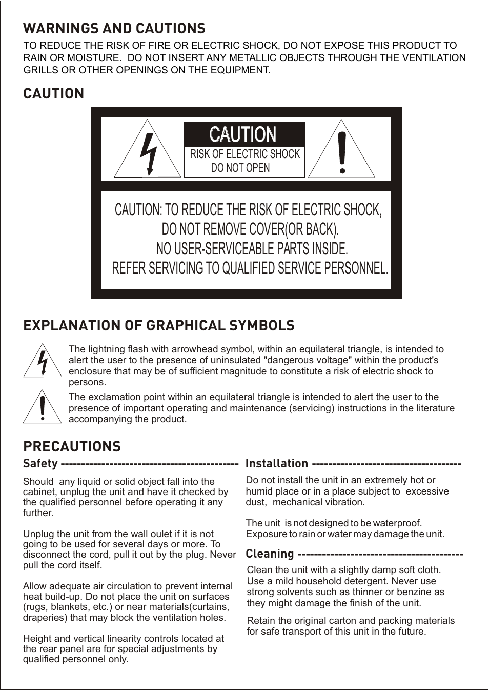 Caution, Warnings and cautions caution, Explanation of graphical symbols | Precautions | Revo R4CH12VAMP User Manual | Page 5 / 10