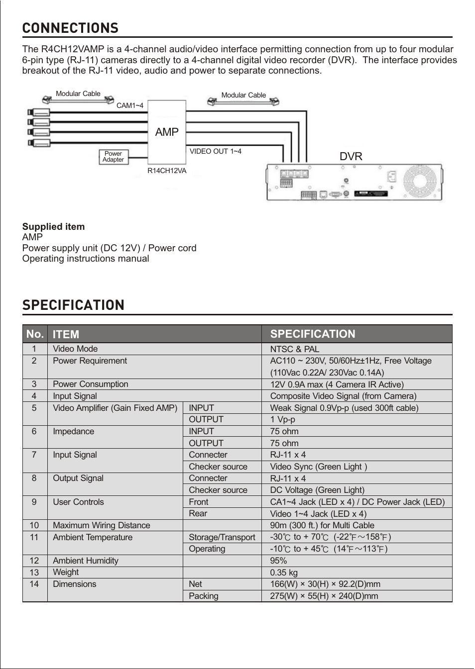 Connections, Specification, Item no. specification | Revo R4CH12VAMP User Manual | Page 8 / 10