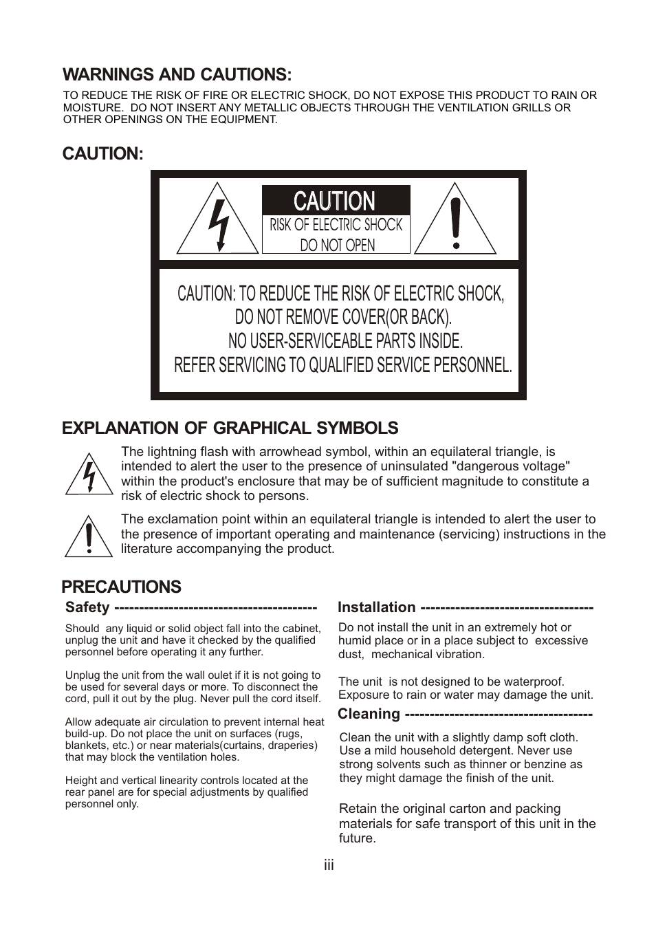 Caution, Warnings and cautions: caution, Explanation of graphical symbols | Precautions | Revo RDOMRJCAM User Manual | Page 3 / 16