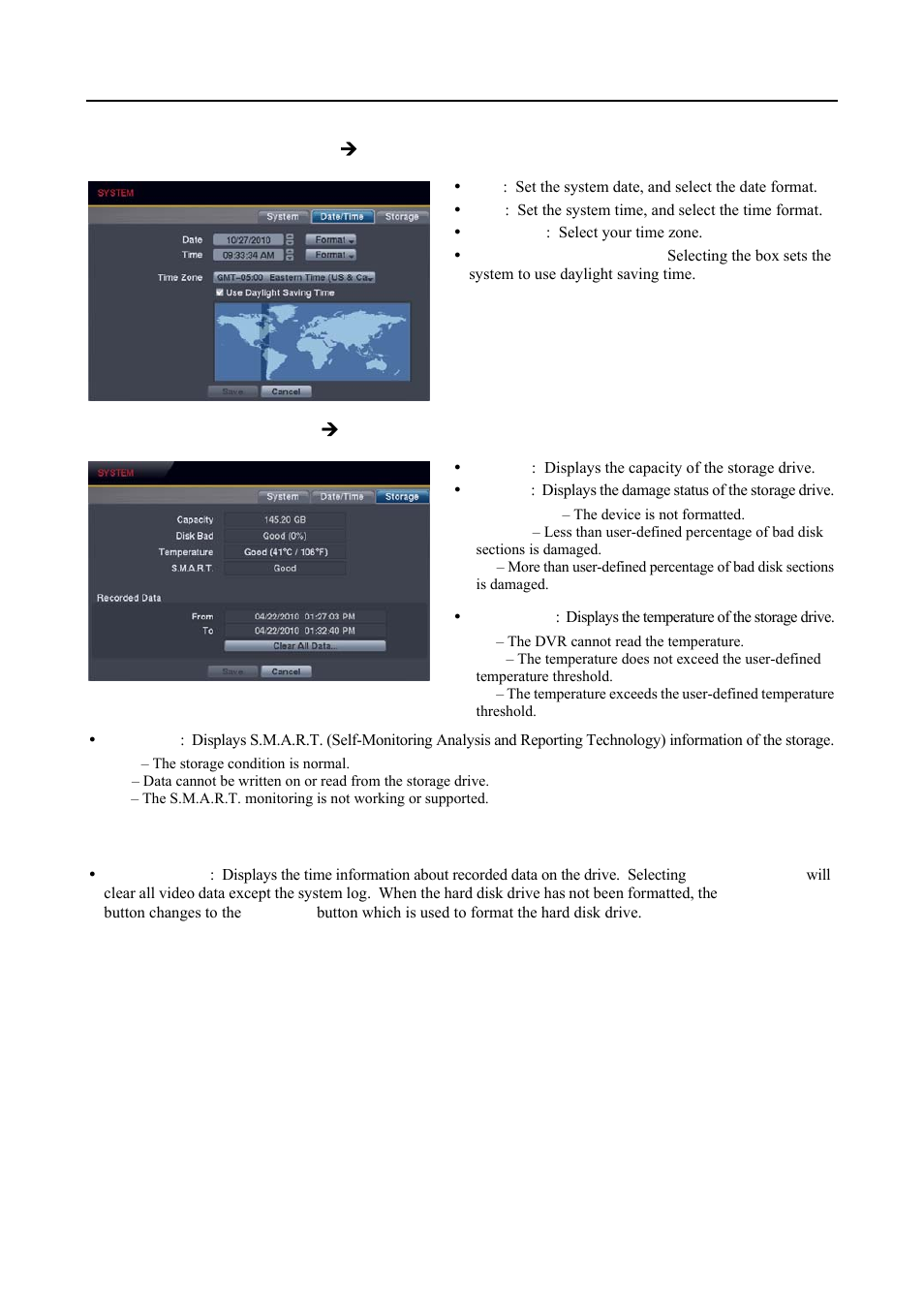 Date/time settings (system  date/time tab), Storage settings (system  storage tab) | Revo R4-8-16DVR3 User Manual | Page 22 / 56