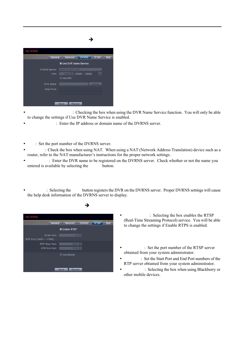 Dvrns settings (network  dvrns tab), Rtsp settings (network  rtsp tab) | Revo R4-8-16DVR3 User Manual | Page 25 / 56