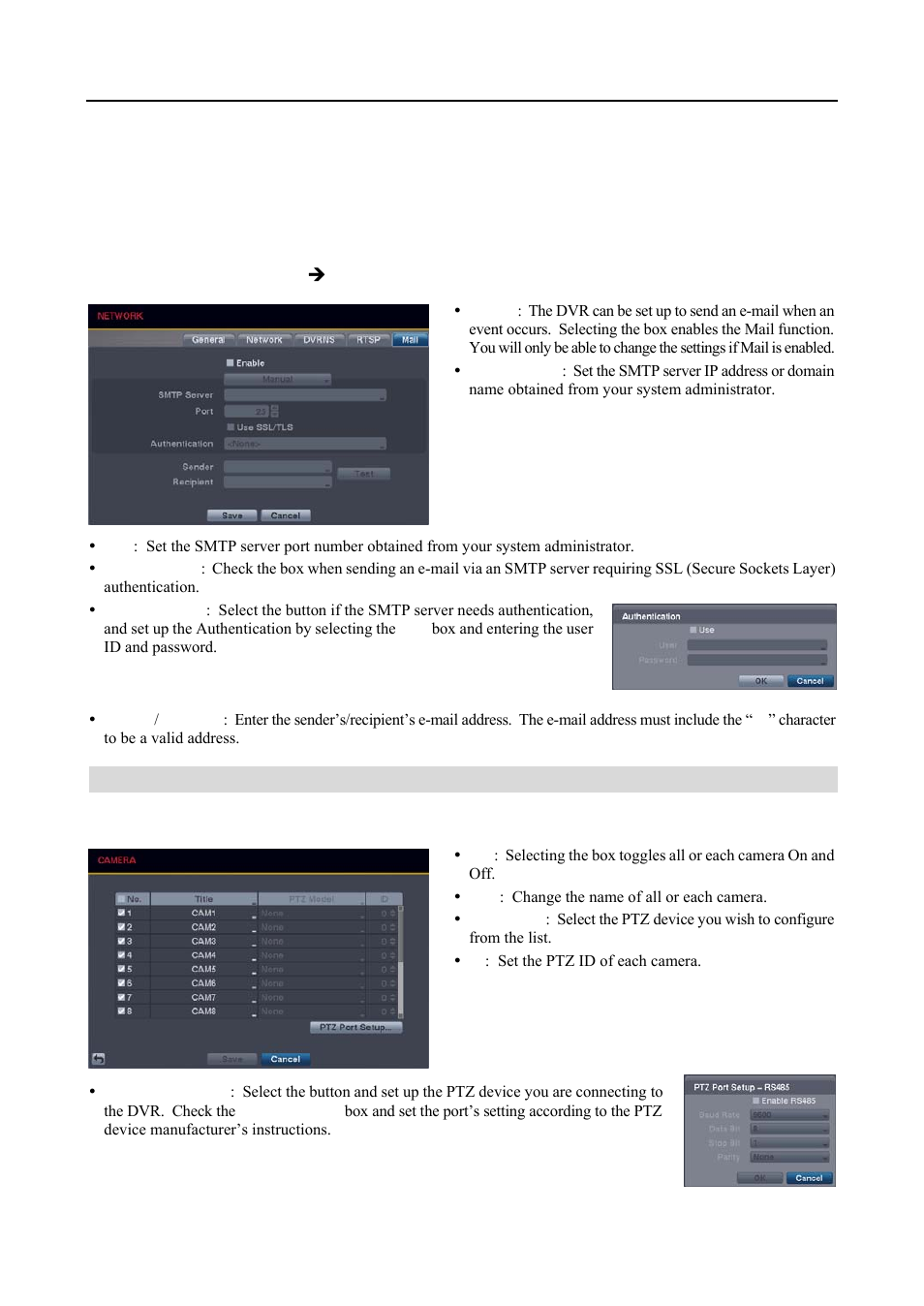 Camera setup, Mail settings (network  mail tab), Camera settings | Revo R4-8-16DVR3 User Manual | Page 26 / 56