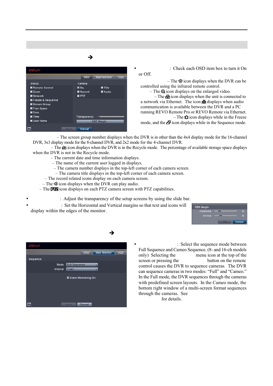 Display setup, Osd settings (display  osd tab), Main monitor settings (display  main monitor tab) | Revo R4-8-16DVR3 User Manual | Page 32 / 56