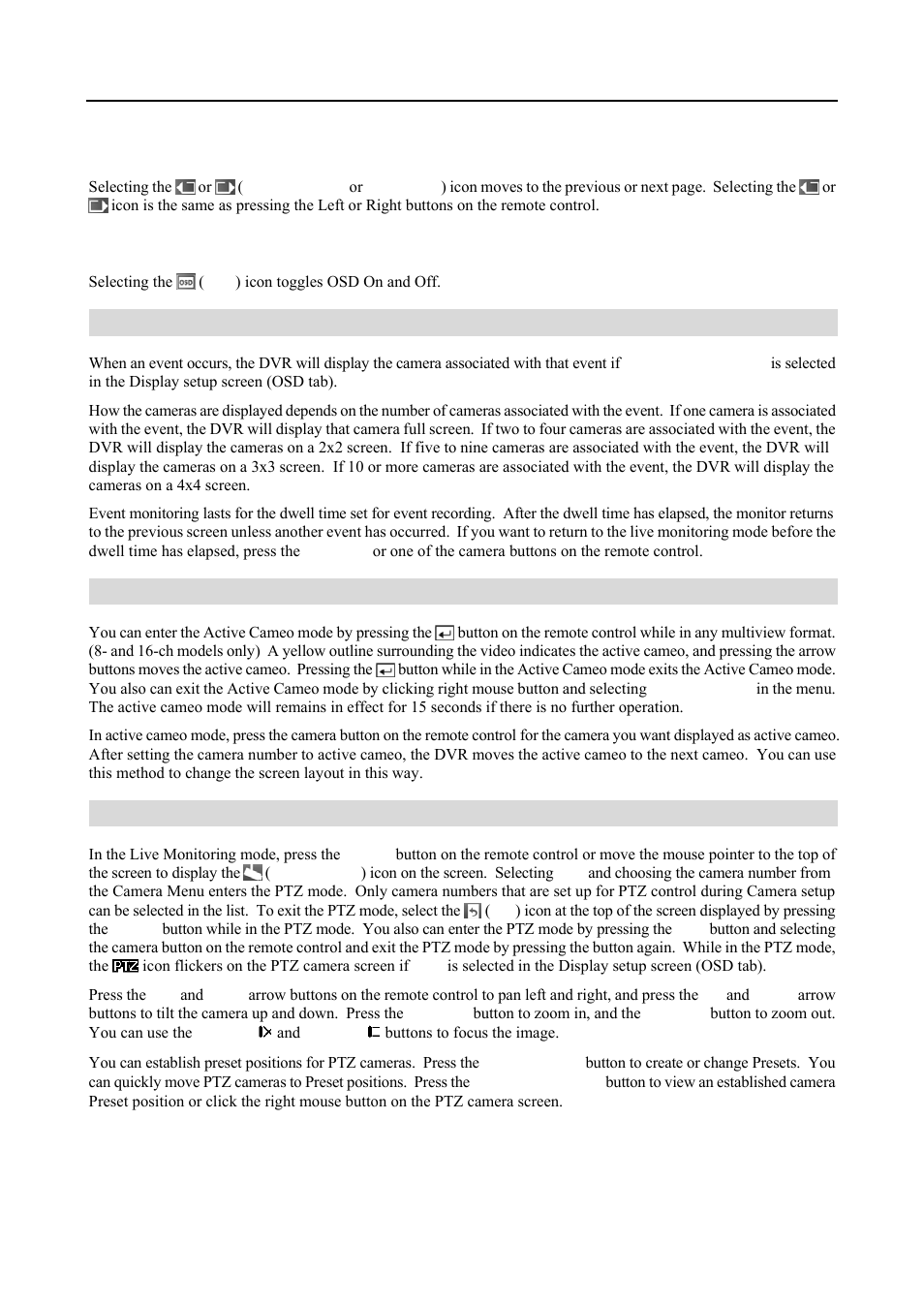 Event monitoring, Active cameo mode, Ptz mode | Revo R4-8-16DVR3 User Manual | Page 38 / 56