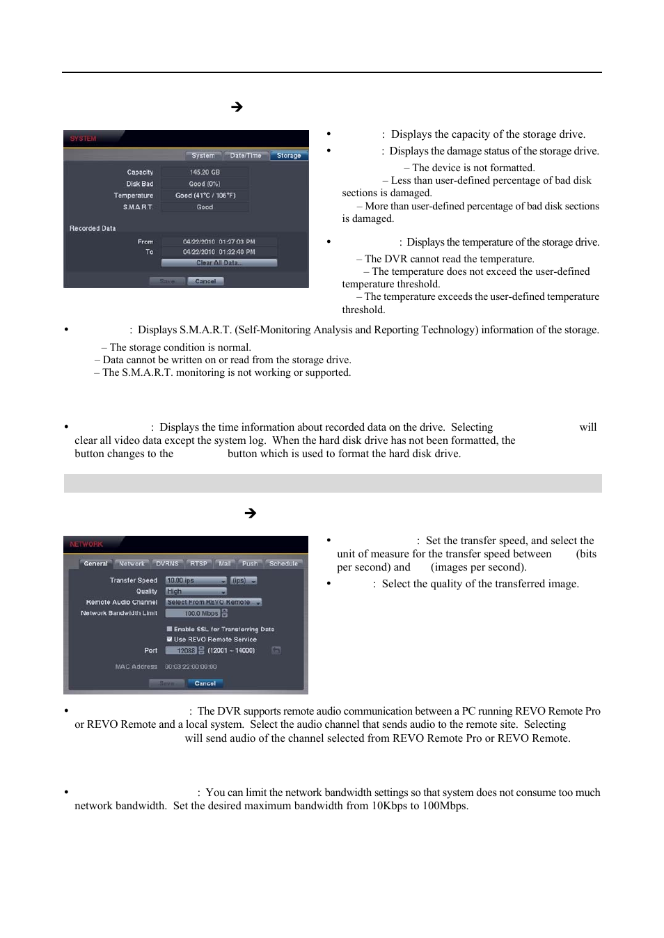 Network setup, Storage settings (system  storage tab), General settings (network  general tab) | Revo R4-8DVR4 User Manual | Page 22 / 56