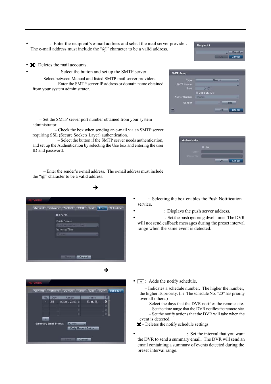 Push settings (network  push tab), Schedule settings (network  schedule tab) | Revo R4-8DVR4 User Manual | Page 26 / 56