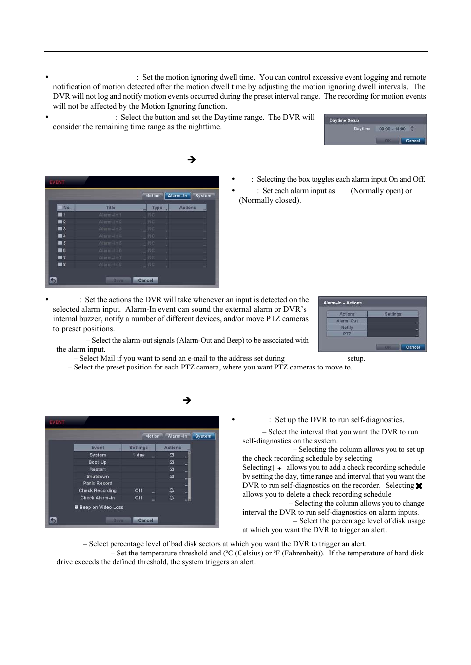 Alarm-in event settings (event  alarm-in tab), System event settings (event  system tab) | Revo R4-8DVR4 User Manual | Page 31 / 56