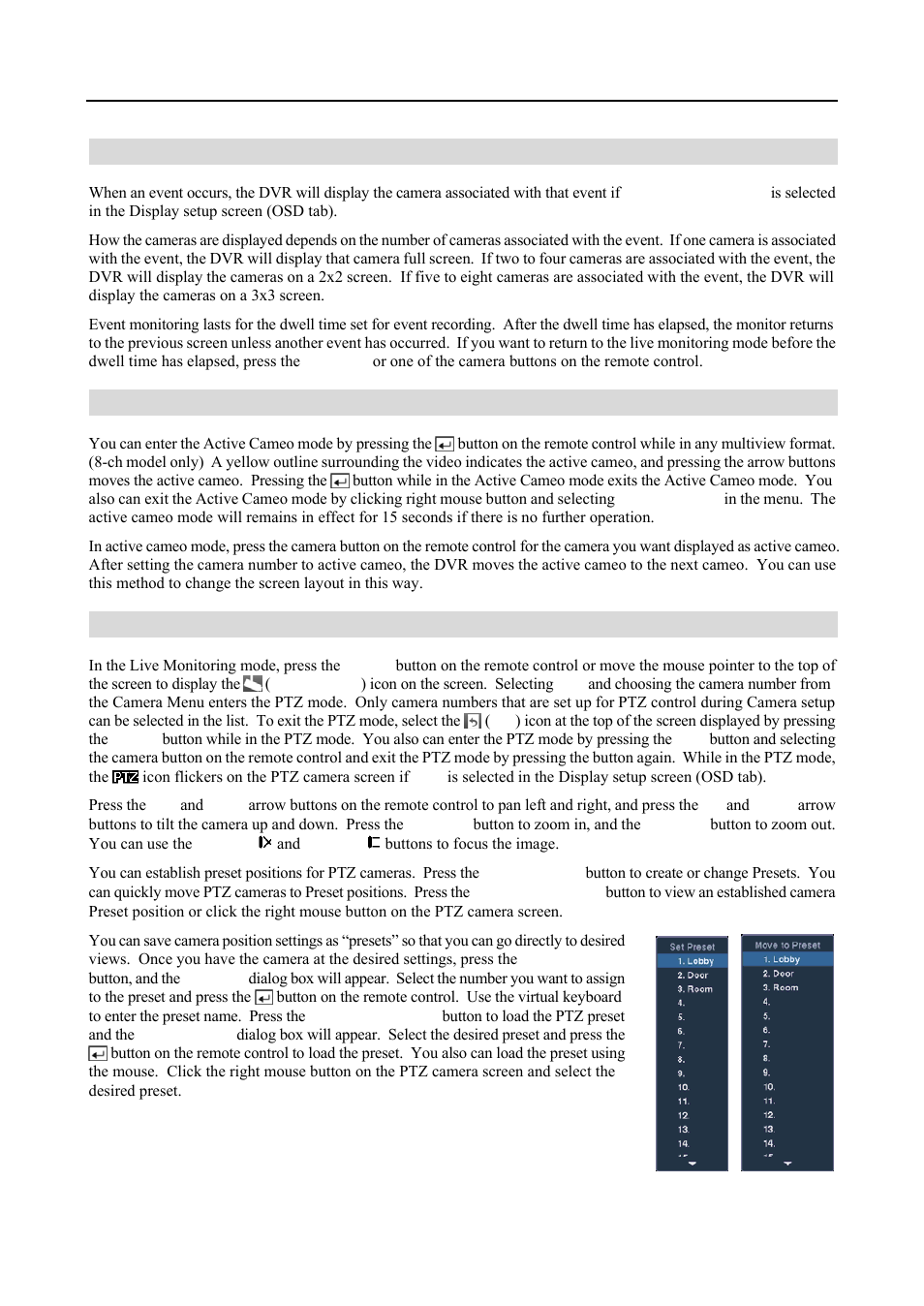 Event monitoring, Active cameo mode, Ptz mode | Revo R4-8DVR4 User Manual | Page 38 / 56