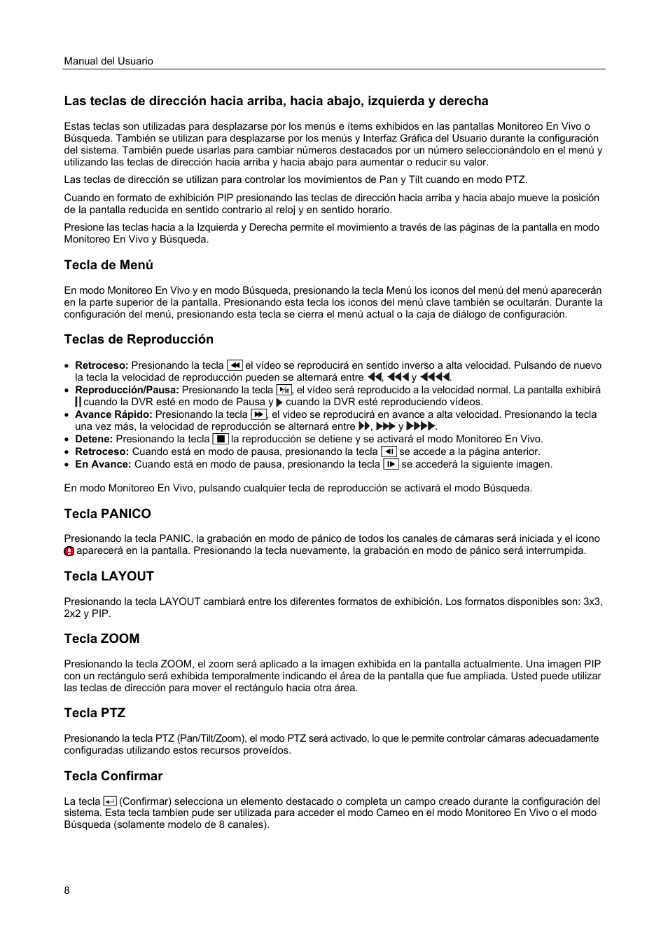 Tecla de menú, Teclas de reproducción, Tecla panico | Tecla layout, Tecla zoom, Tecla ptz, Tecla confirmar | Revo R4-8DVR4 User Manual | Page 14 / 54