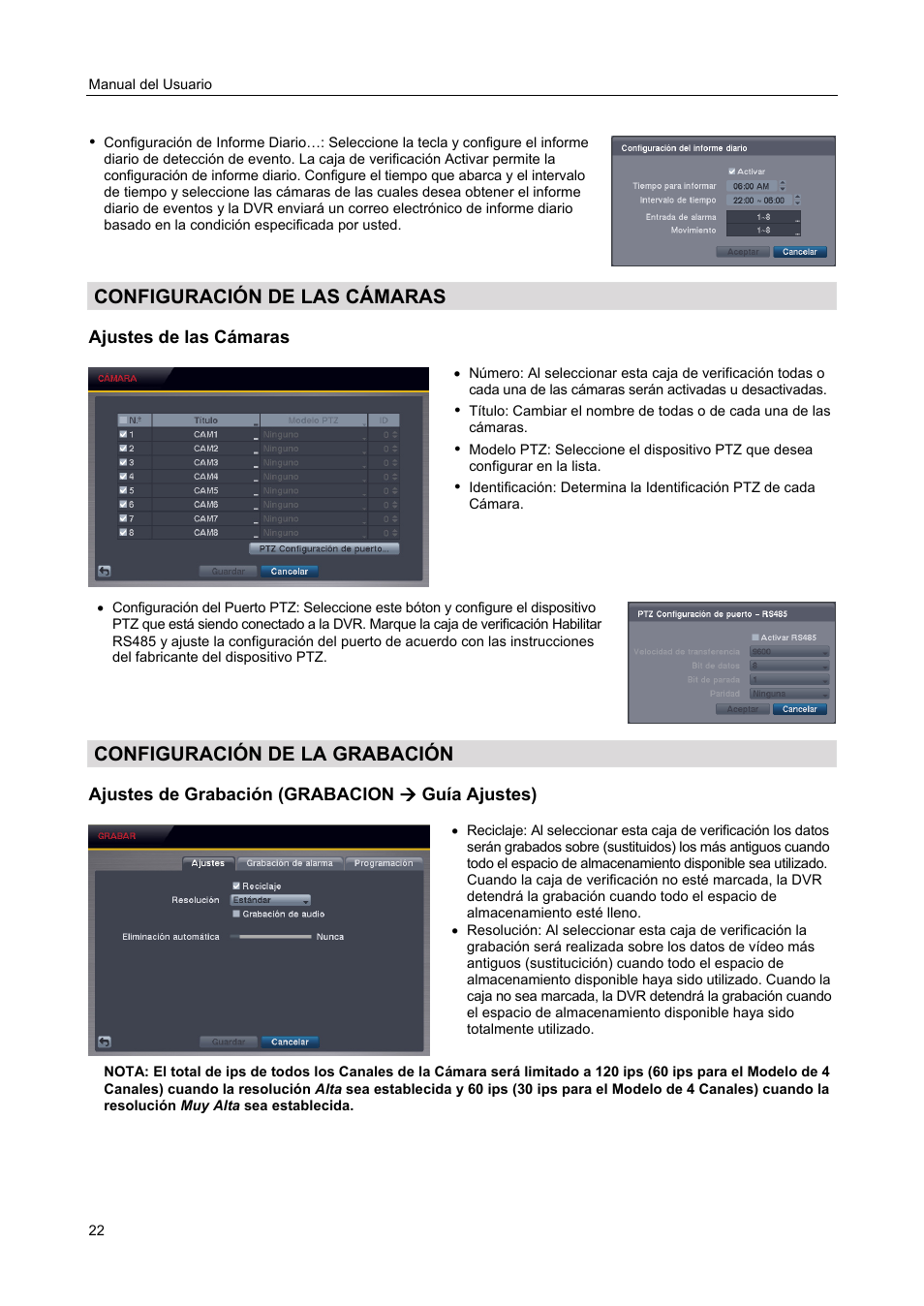 Configuración de las cámaras, Configuración de la grabación, Ajustes de las cámaras | Ajustes de grabación (grabacion  guía ajustes) | Revo R4-8DVR4 User Manual | Page 28 / 54