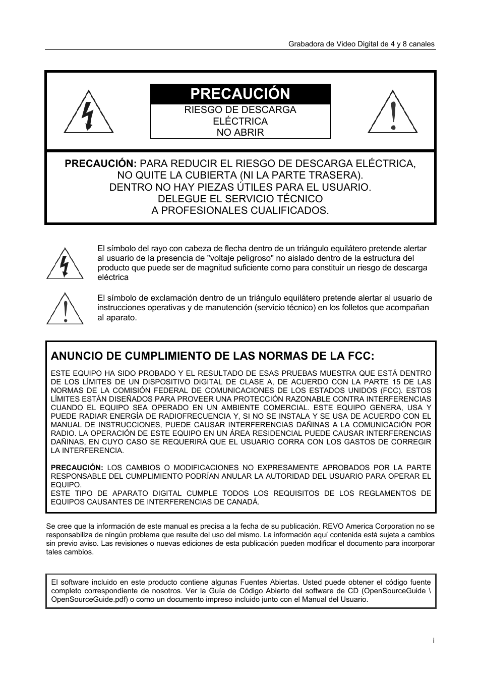 Precaución, Anuncio de cumplimiento de las normas de la fcc | Revo R4-8DVR4 User Manual | Page 3 / 54