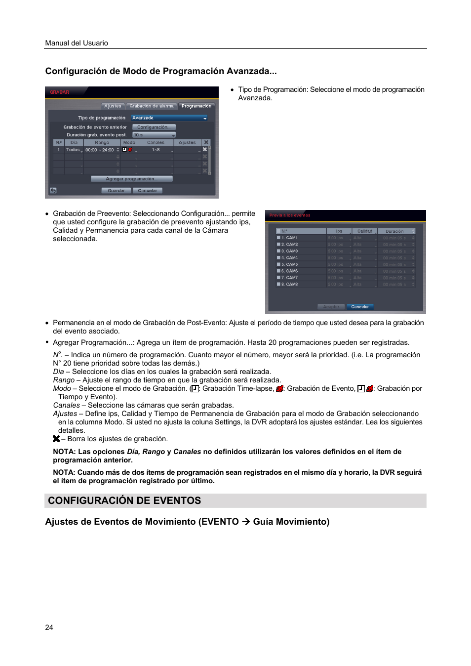 Configuración de eventos, Configuración de modo de programación avanzada | Revo R4-8DVR4 User Manual | Page 30 / 54