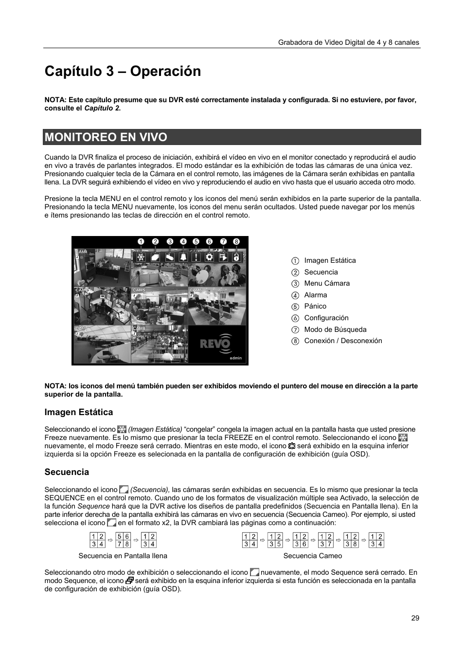 Capítulo 3 – operación, Monitoreo en vivo, Imagen estática | Secuencia | Revo R4-8DVR4 User Manual | Page 35 / 54