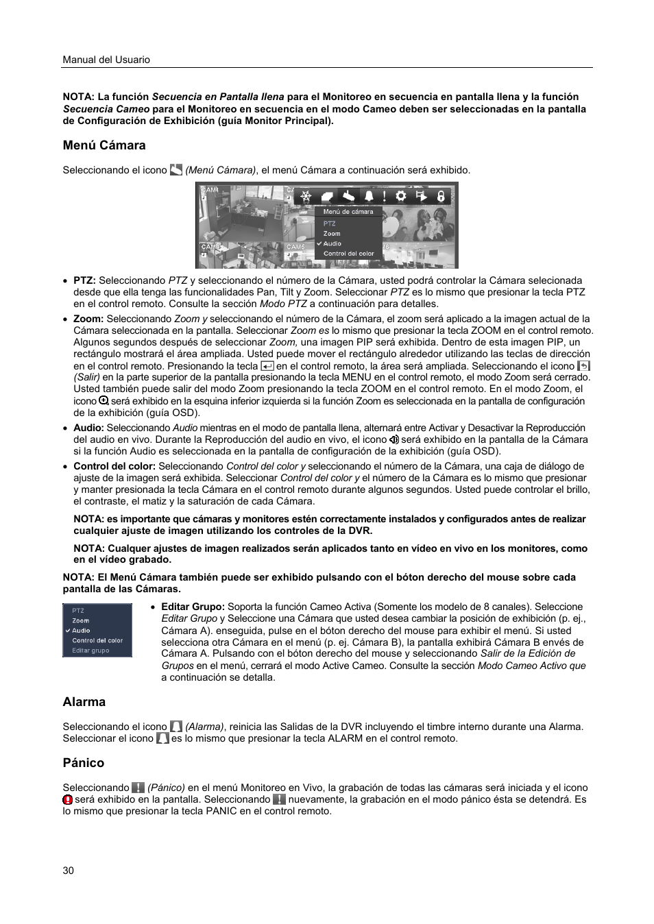 Menú cámara, Alarma, Pánico | Revo R4-8DVR4 User Manual | Page 36 / 54