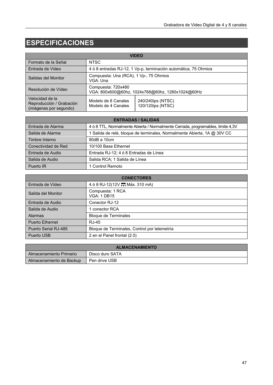 Especificaciones | Revo R4-8DVR4 User Manual | Page 53 / 54