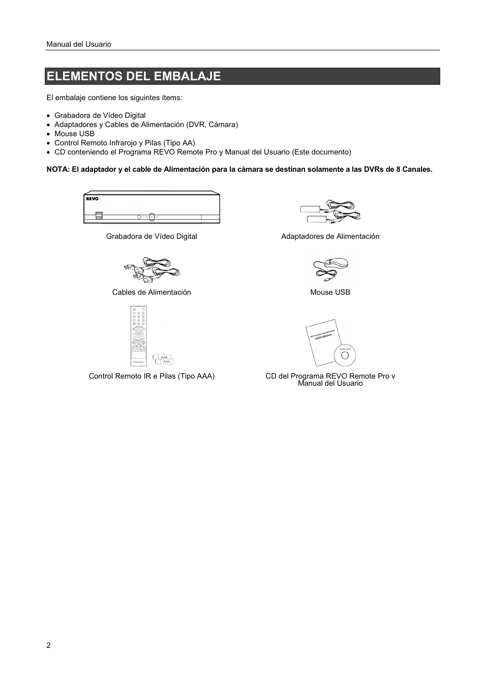 Elementos del embalaje | Revo R4-8DVR4 User Manual | Page 8 / 54