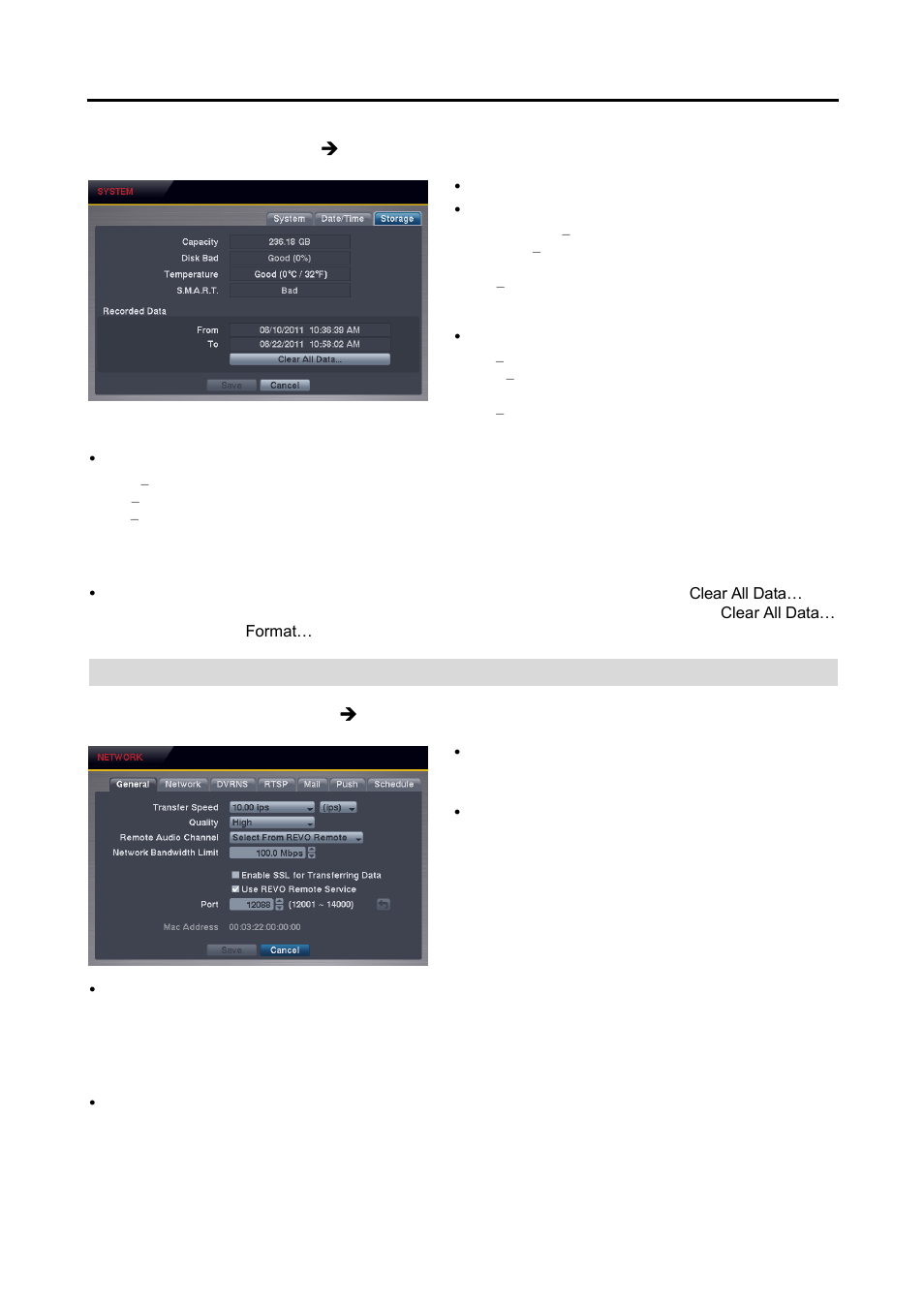Network setup, Storage settings (system  storage tab), General settings (network  general tab) | Revo R4CMB-500 User Manual | Page 19 / 46