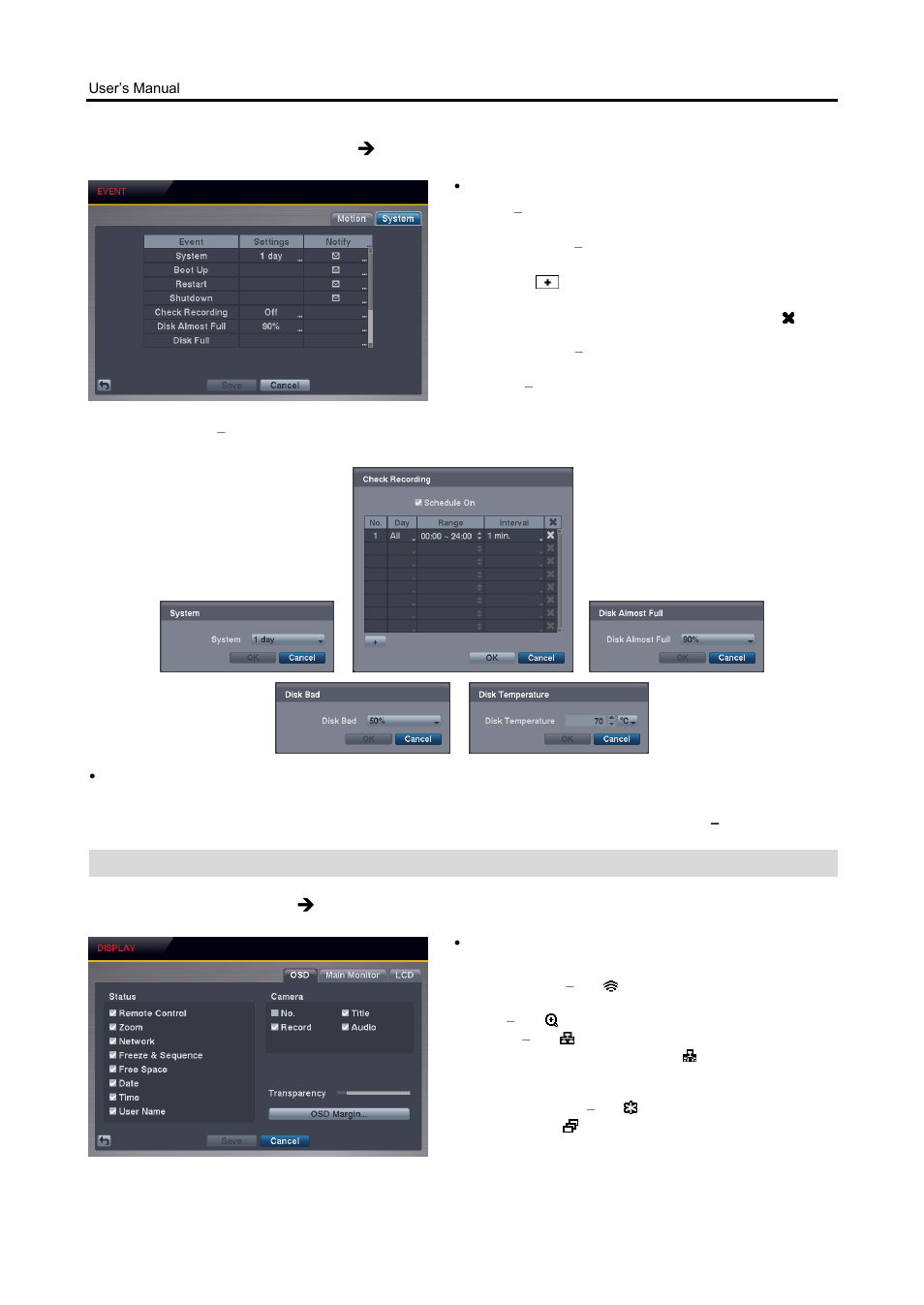 Display setup, System event settings (event  system tab), Osd settings (display  osd tab) | Revo R4CMB-500 User Manual | Page 28 / 46