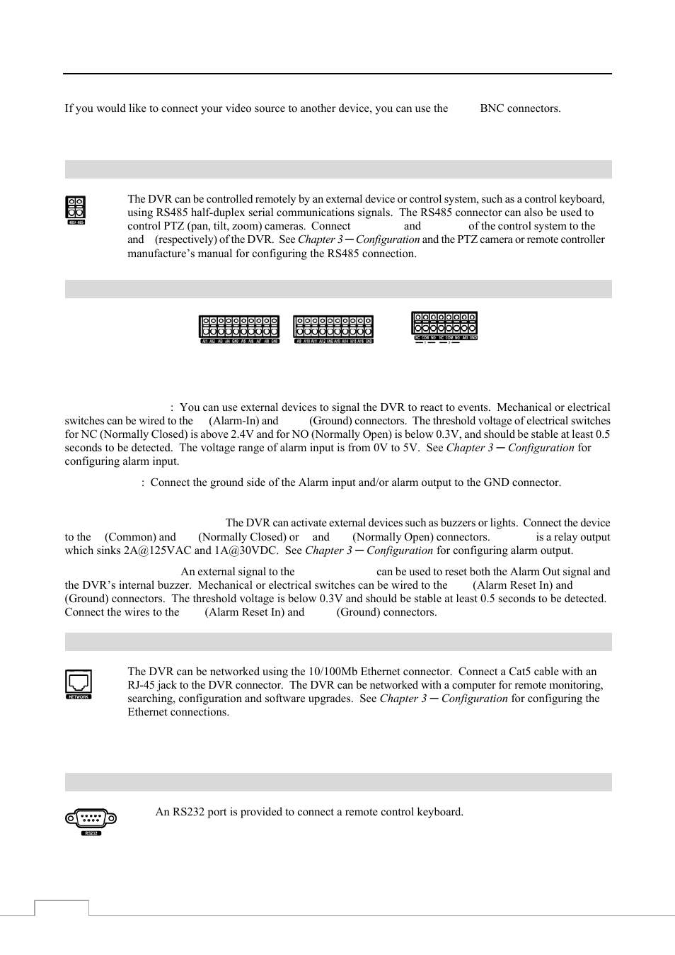 Rs485 port, Alarm input/output, Network port | Rs232c port | Revo RE8/16DVR1 User Manual | Page 12 / 78