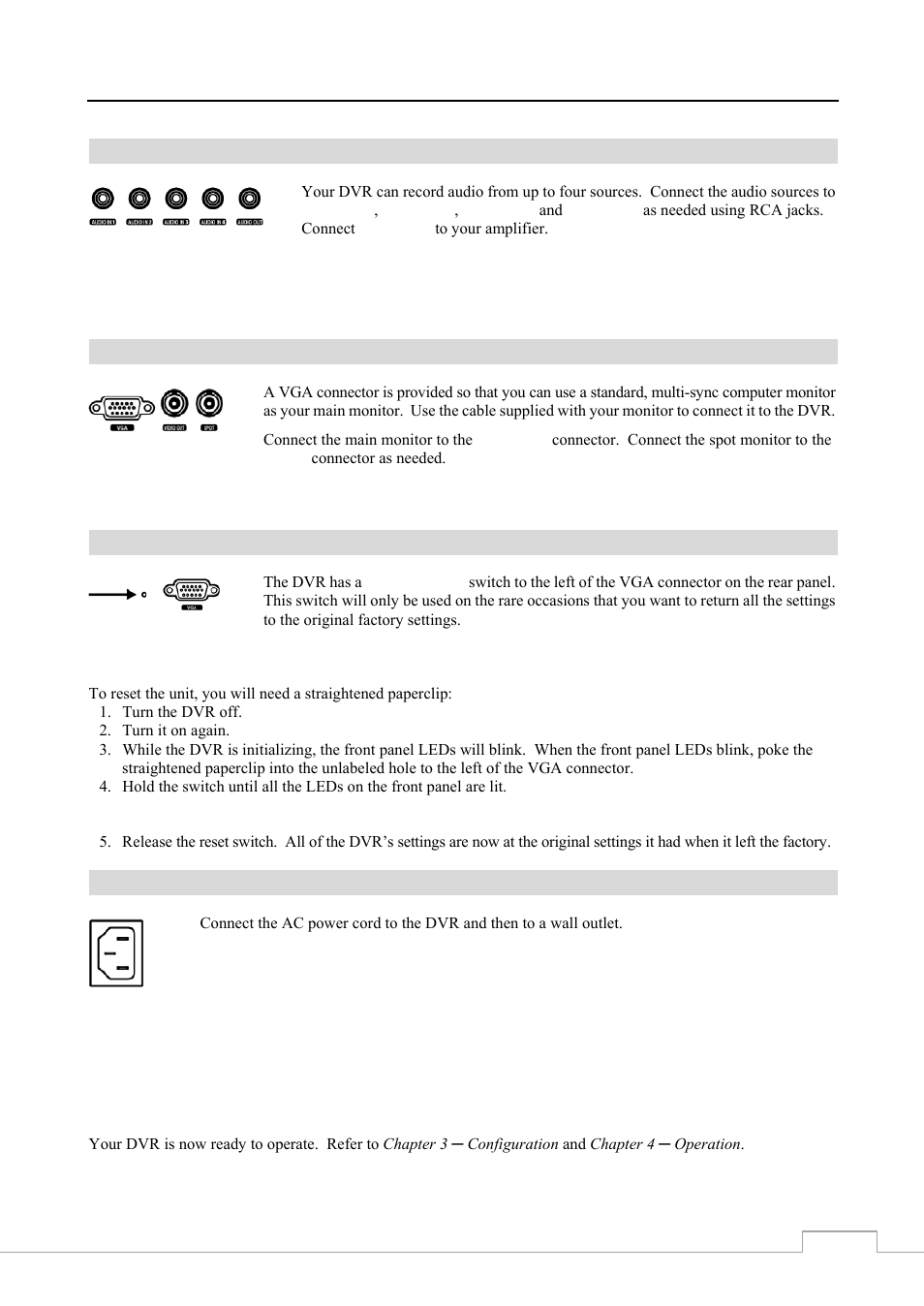 Audio in/out, Video out, Factory reset switch | Power cord connector | Revo RE8/16DVR1 User Manual | Page 13 / 78