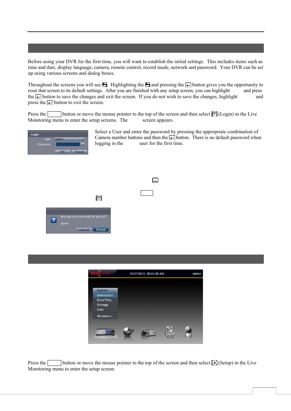 Initial unit setup, Setup screen | Revo RE8/16DVR1 User Manual | Page 19 / 78