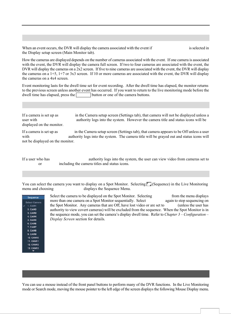 Using a mouse, Event monitoring, Covert camera | Spot monitoring | Revo RE8/16DVR1 User Manual | Page 55 / 78