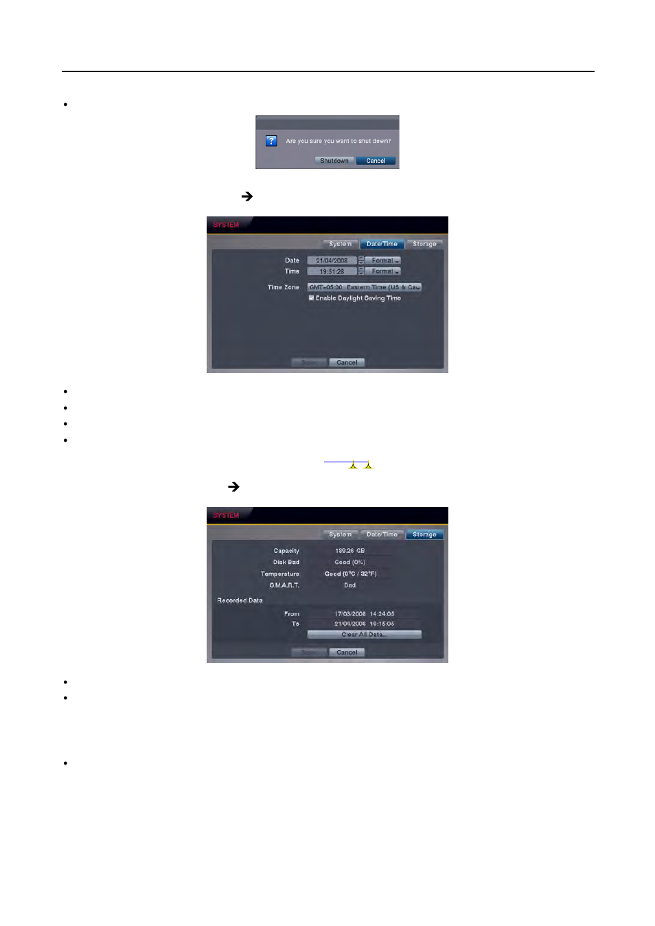 Date/time settings (system ¼ date/time tab), Storage settings (system ¼ storage tab), Y system shutdown: shuts the system down | Revo R16/8/4/DVR User Manual | Page 21 / 101