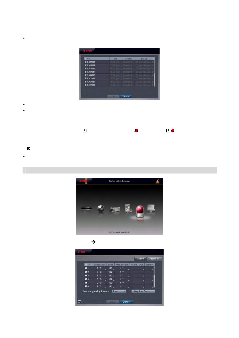 Event setup, Motion event settings (event ¼ motion tab) | Revo R16/8/4/DVR User Manual | Page 28 / 101