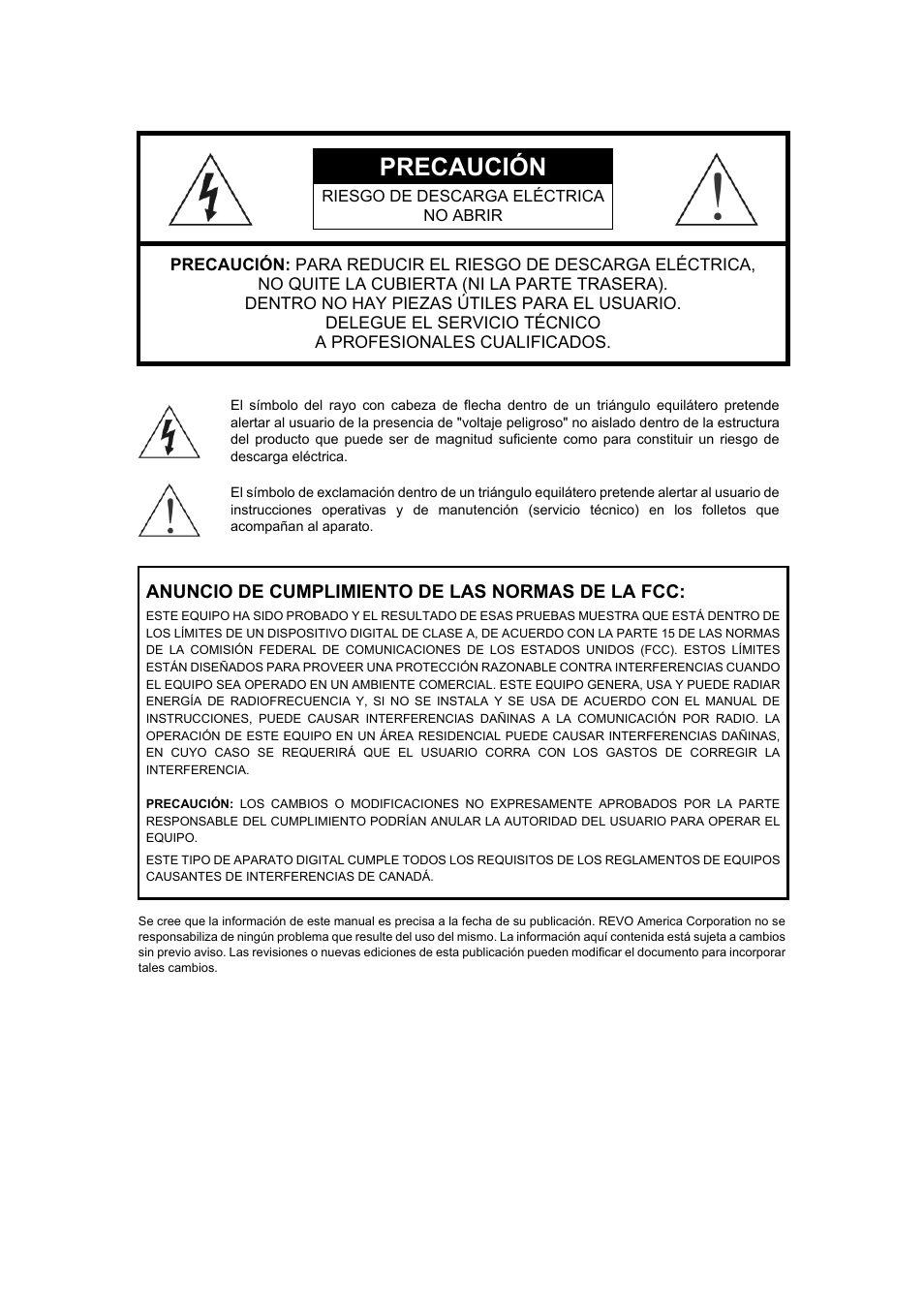 Precaución | Revo R16/8/4/DVR User Manual | Page 2 / 115