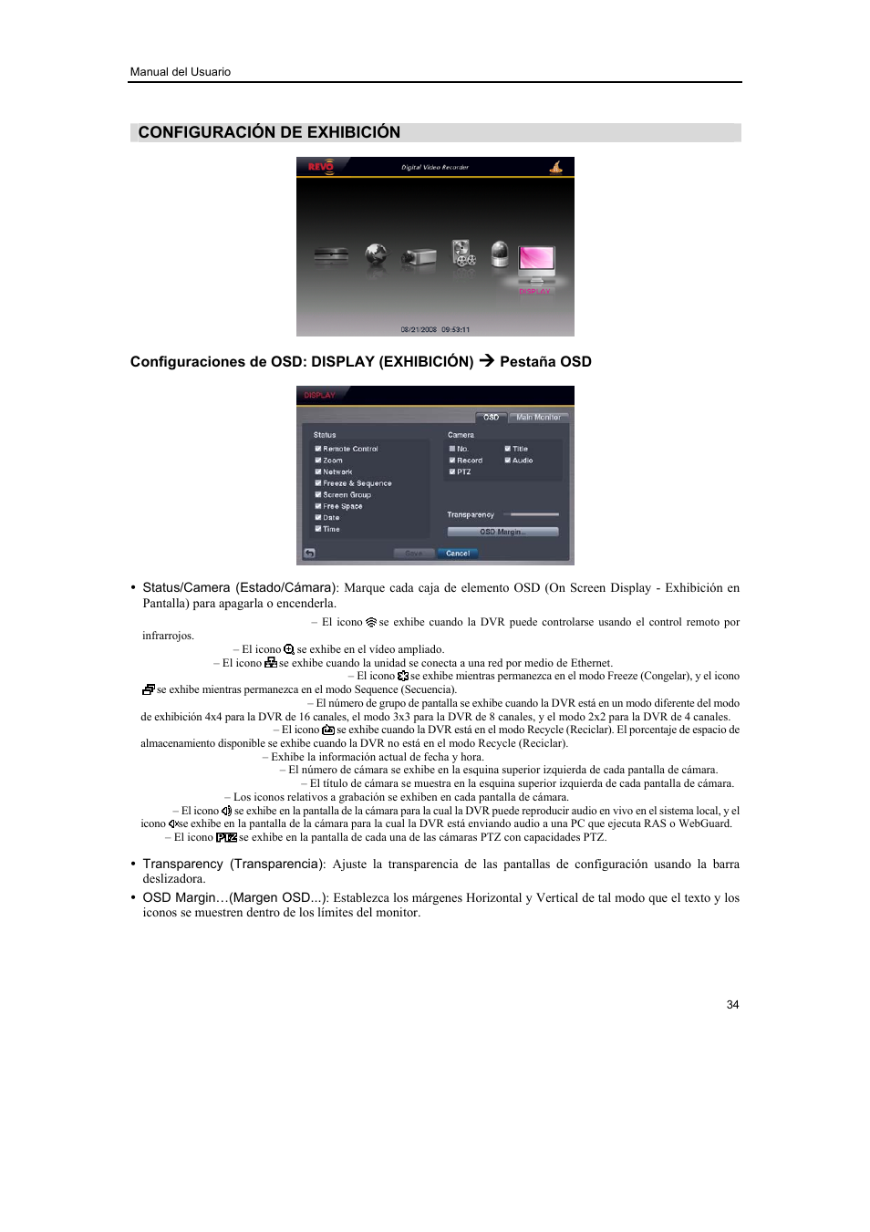 Configuración de exhibición, Configuraciones de osd: display (exhibición), Pestaña osd | Revo R16/8/4/DVR User Manual | Page 35 / 115