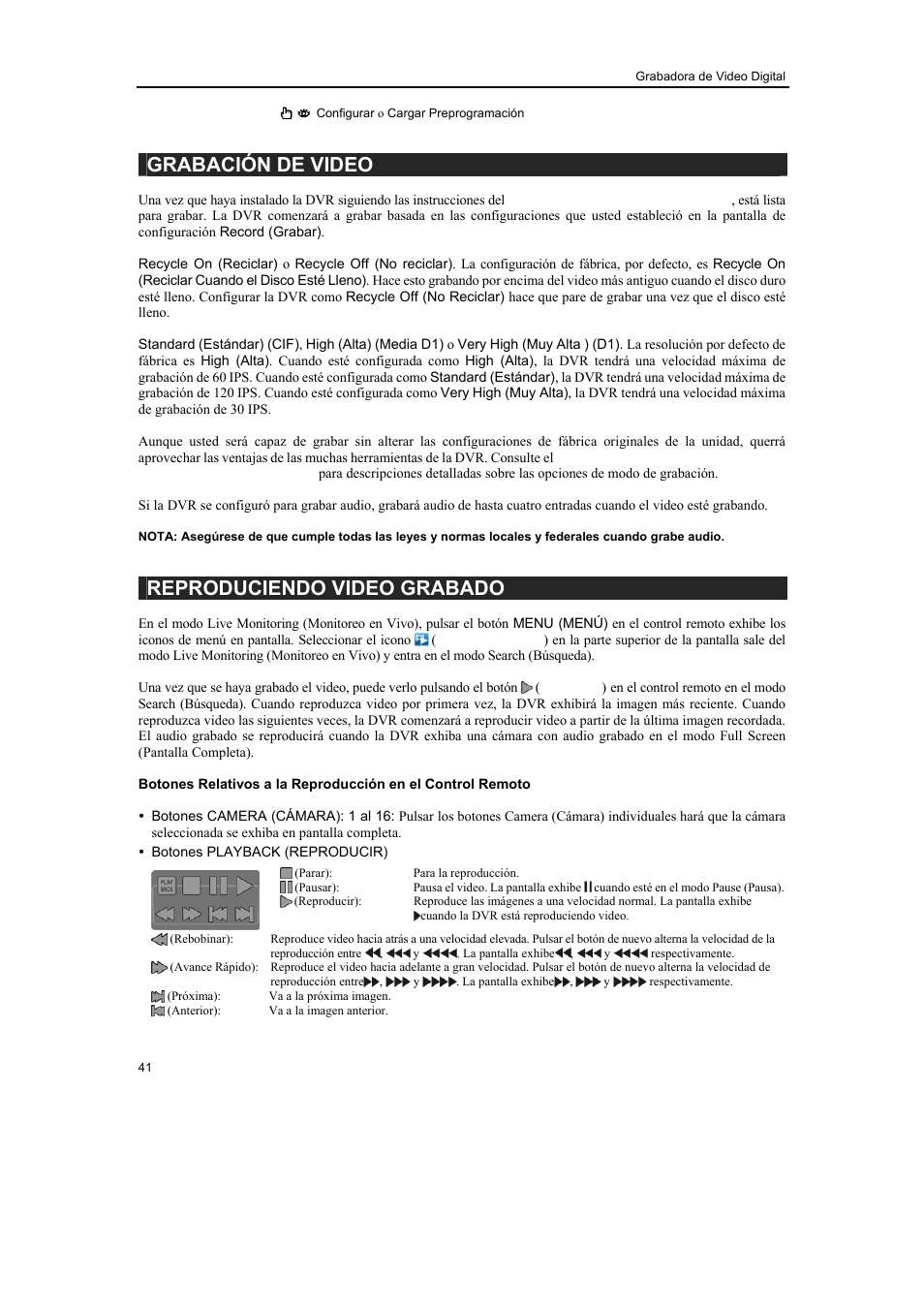 Grabación de video, Reproduciendo video grabado | Revo R16/8/4/DVR User Manual | Page 42 / 115