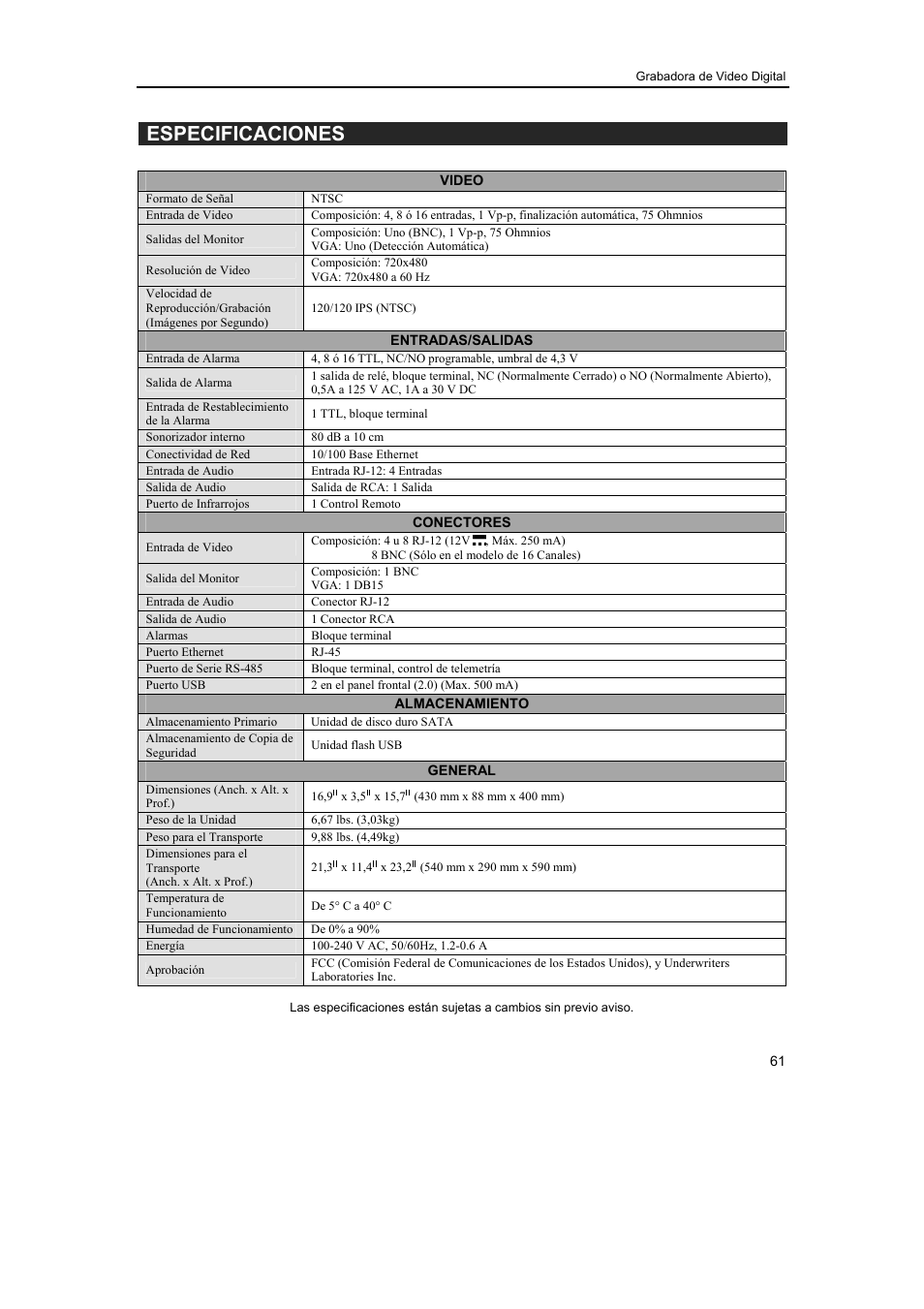 Especificaciones | Revo R16/8/4/DVR User Manual | Page 63 / 115