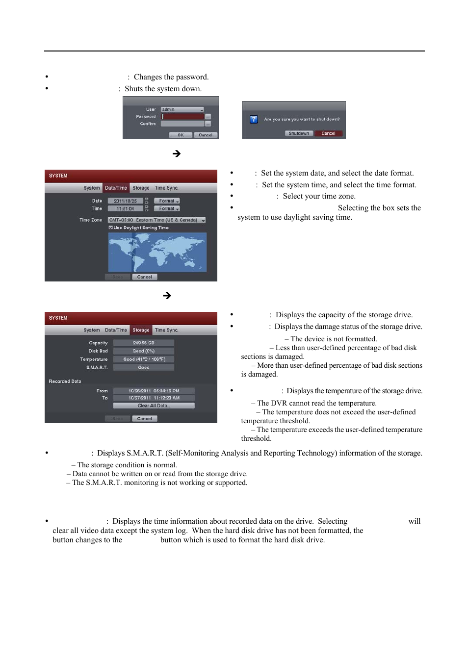 Date/time settings (system  date/time tab), Storage settings (system  storage tab), Change password…: changes the password | System shutdown: shuts the system down | Revo R16DVR4 User Manual | Page 21 / 56