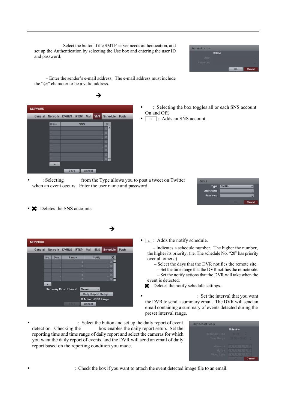 Sns settings (network  sns tab), Schedule settings (network  schedule tab) | Revo R16DVR4 User Manual | Page 26 / 56