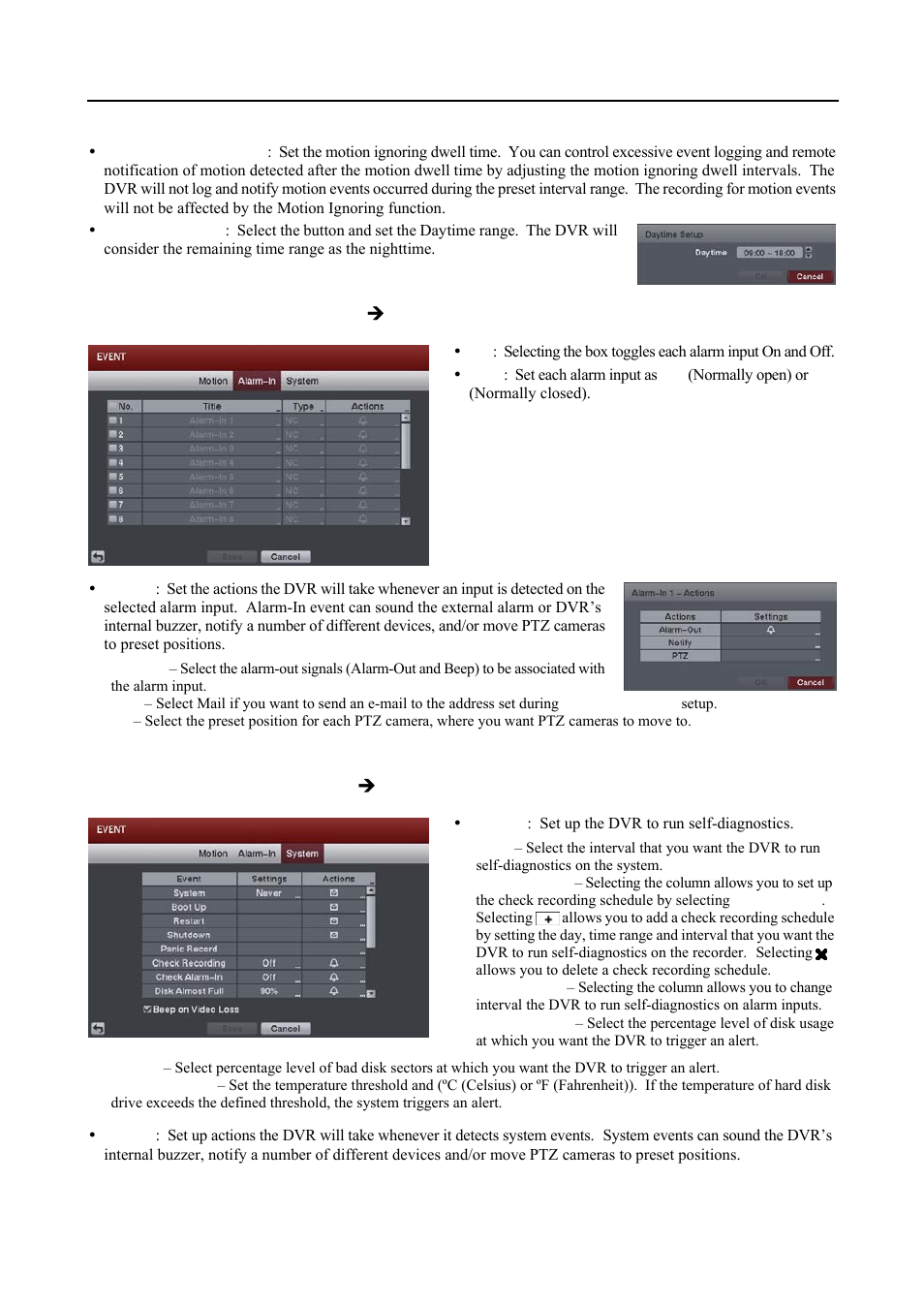 Alarm-in event settings (event  alarm-in tab), System event settings (event  system tab) | Revo R16DVR4 User Manual | Page 31 / 56