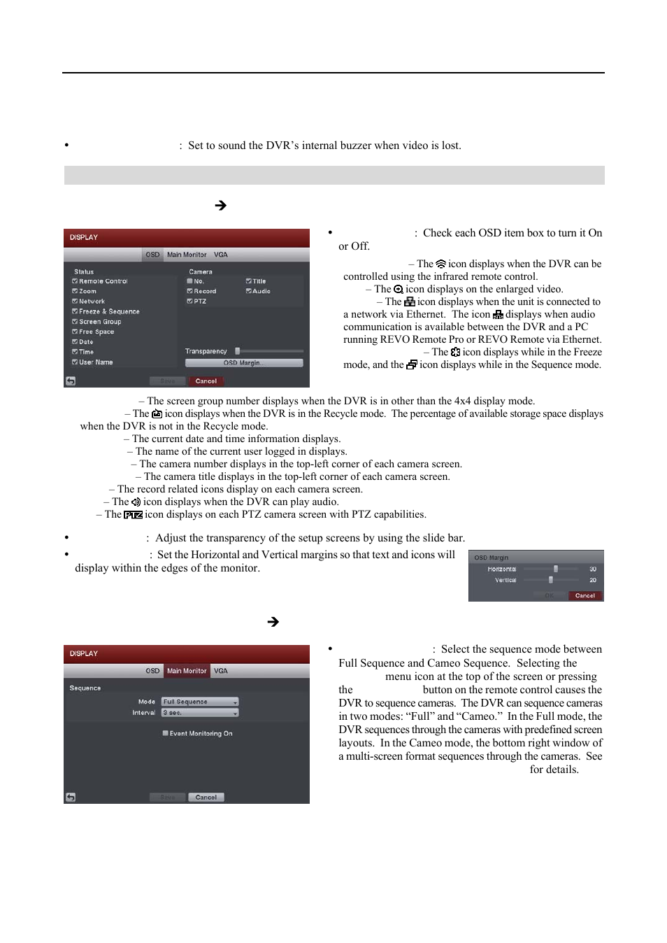 Display setup, Osd settings (display  osd tab), Main monitor settings (display  main monitor tab) | Revo R16DVR4 User Manual | Page 32 / 56