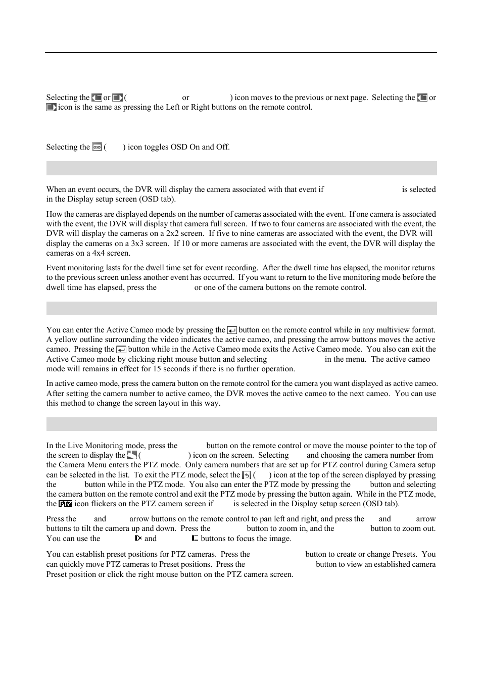 Event monitoring, Active cameo mode, Ptz mode | Revo R16DVR4 User Manual | Page 38 / 56